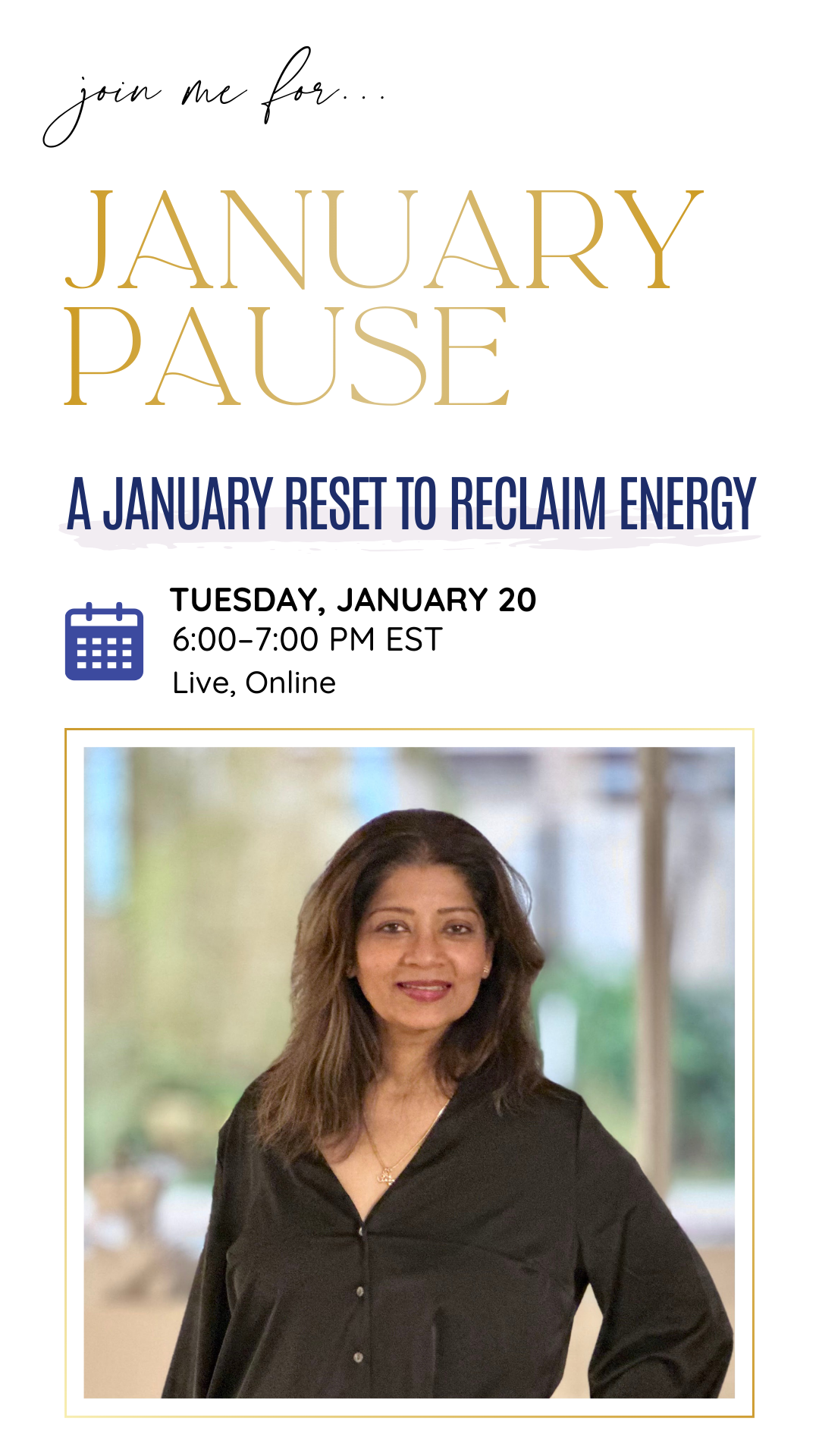 Flyer for a January meditation event featuring a woman with brown hair, wearing a black top, smiling, standing indoors with a blurred background.