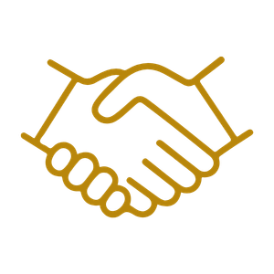 Outline of a handshake on a black background with gold lines.