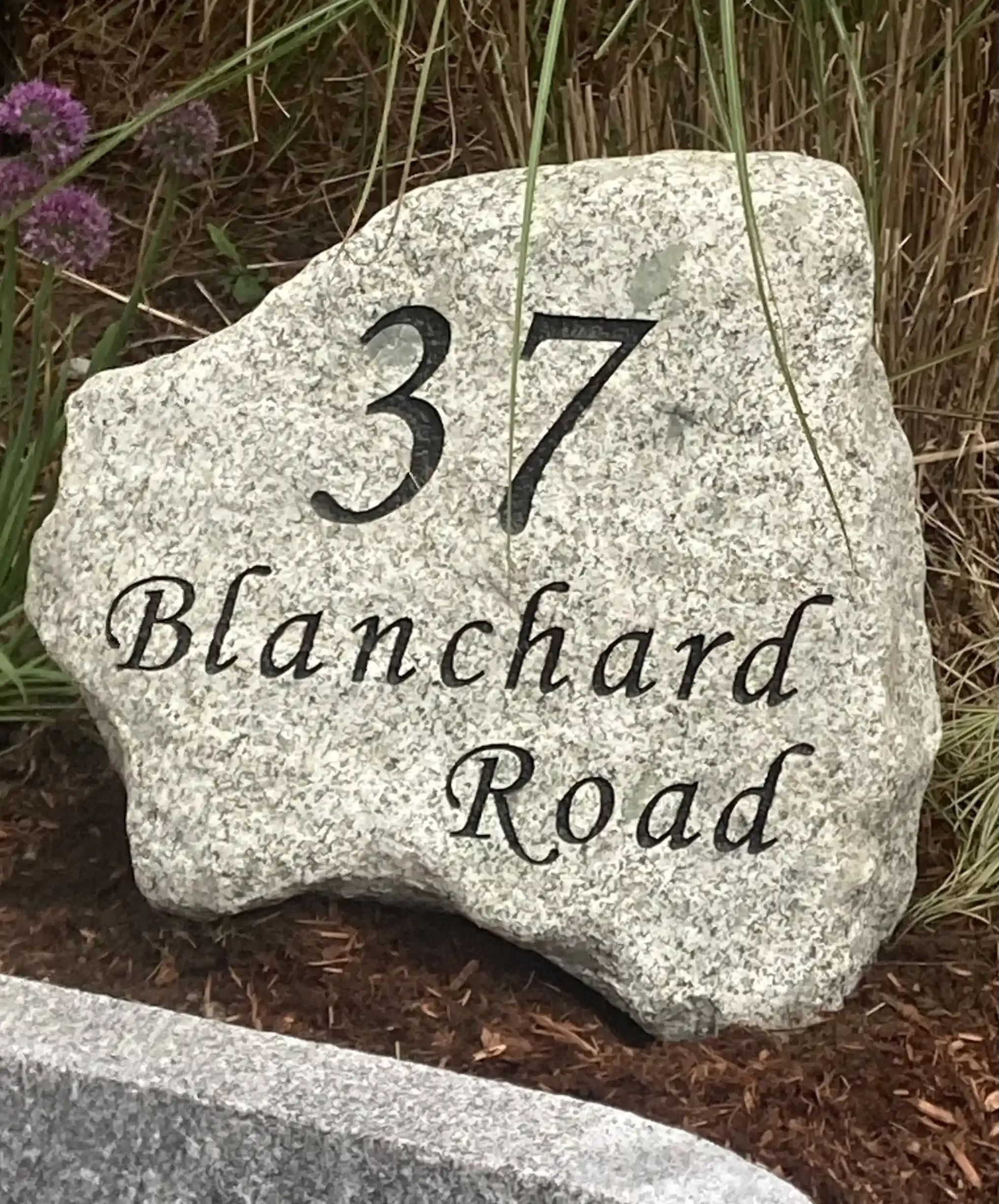 Granite stone with the number 37 engraved on it, surrounded by grass, small plants, and soil.