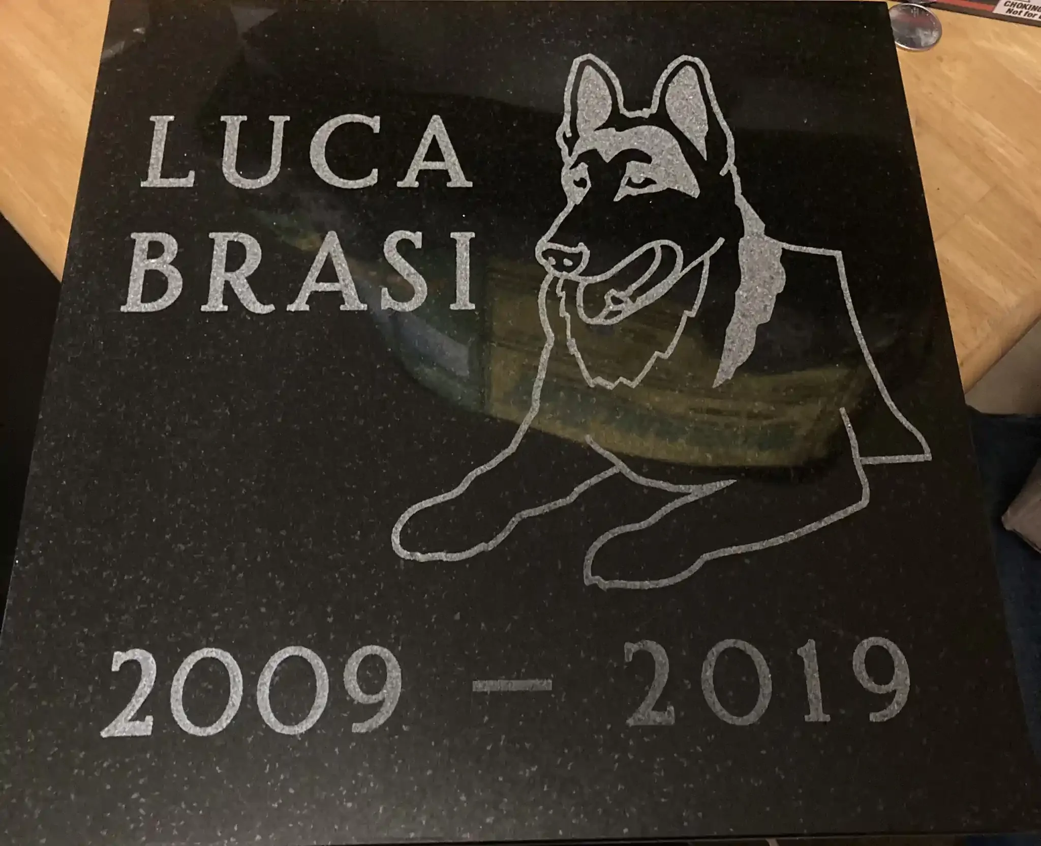 Black granite plaque with silver engraving of a dog's face and text.