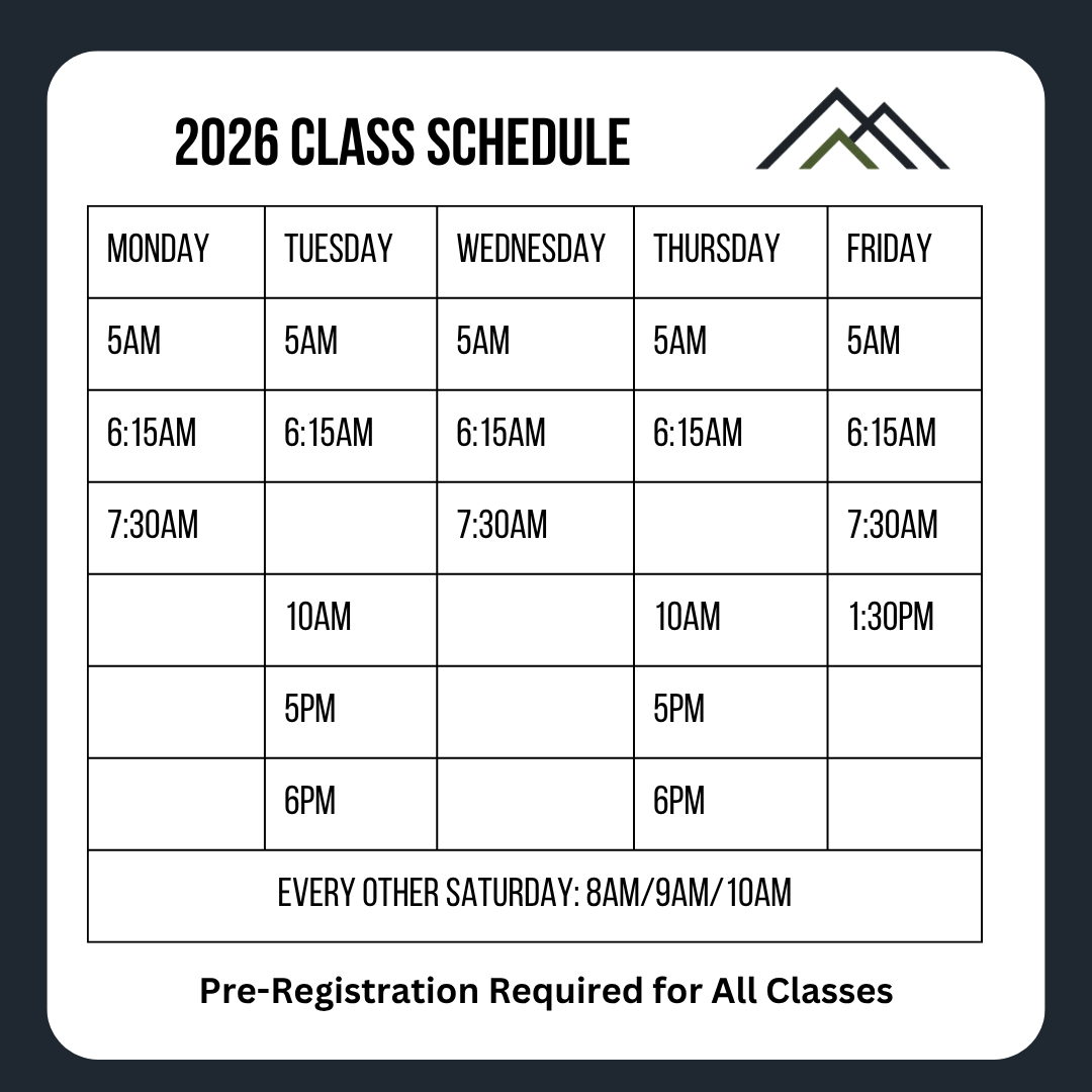 2026 class schedule with days listed from Monday to Friday and class times from early morning to evening. Notes include Saturday classes and pre-registration requirement.