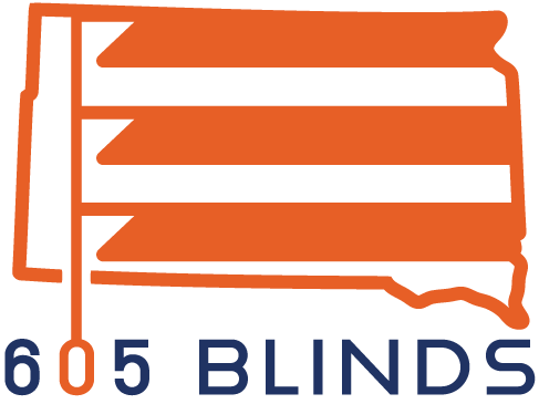 Silhouette of the outline of the United States with red blinds drawn across it, and the text '605 BLINDS' below.