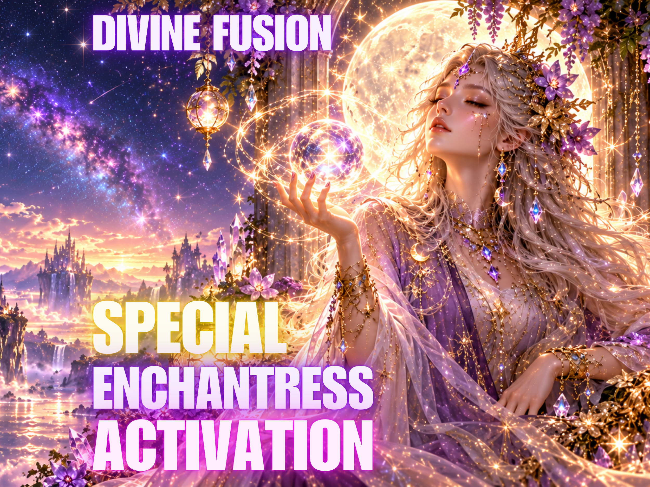 Special Enchantress Activation — luminous enchantress with violet flowers, starlight and a lakeside castle