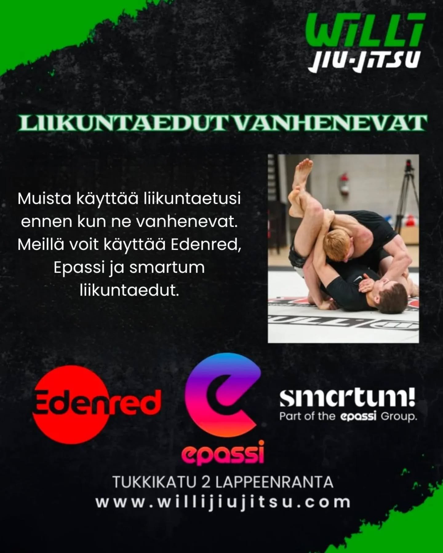 Muista k&auml;ytt&auml;&auml; liikuntaetusi ennen vuoden vaihdetta. 

Al&auml; anna etuuksien vanheta - Laita meille viesti&auml; niin voimme antaa lis&auml;tietoa
#bjj #lappeenranta #liikuntaetu #liikuntaetuudet #epassi #smartum #edenred #willi #alk