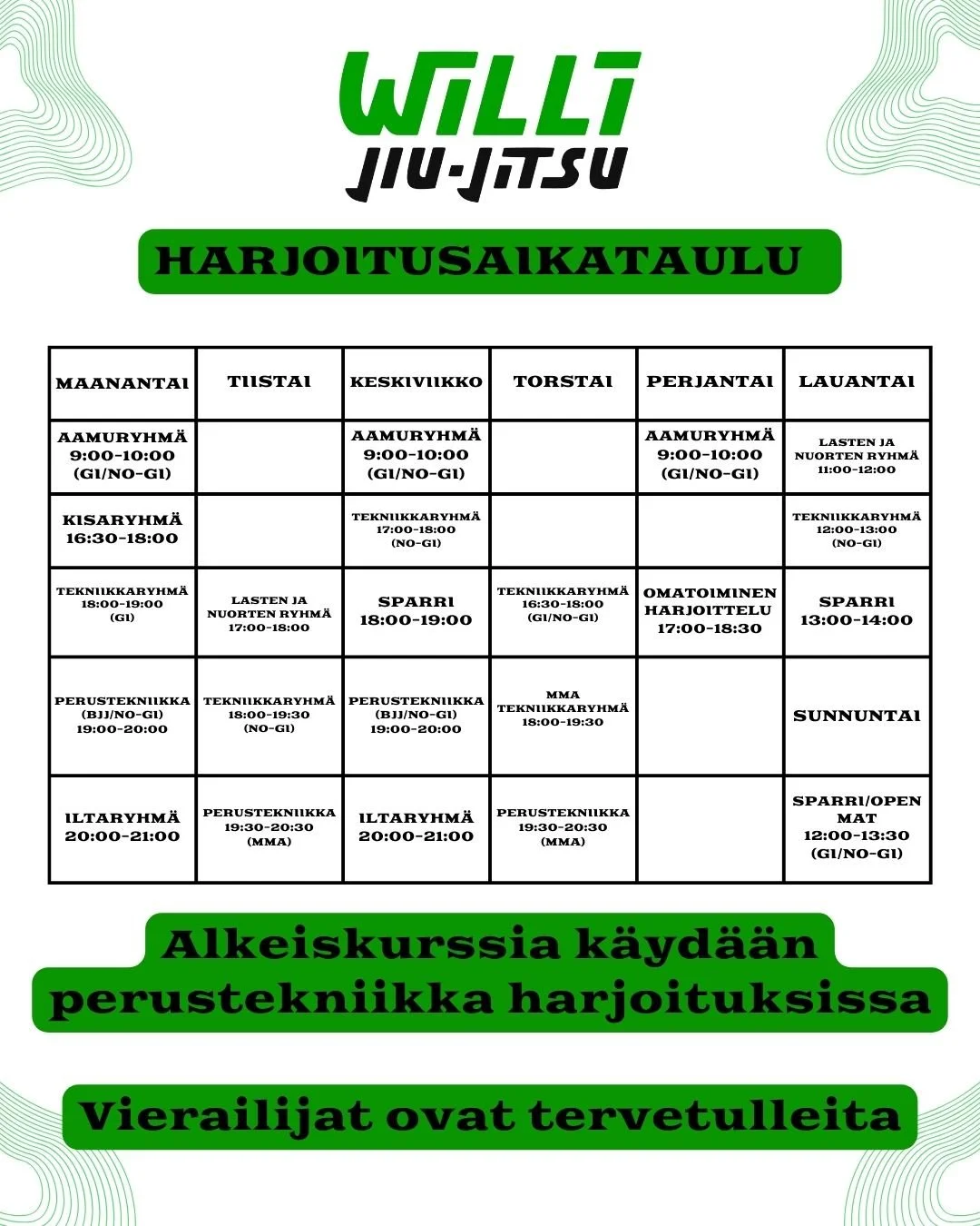 Uusi aikataulu alkaa 05.01.2026

Uutuuksia ovat MMA tekniikkaryhm&auml;, MMA perustekniikka/alkeiskurssi, Gi tekniikkaryhm&auml; ja iltaryhm&auml;t.

Kaikki ajat l&ouml;ytyv&auml;t MAATista