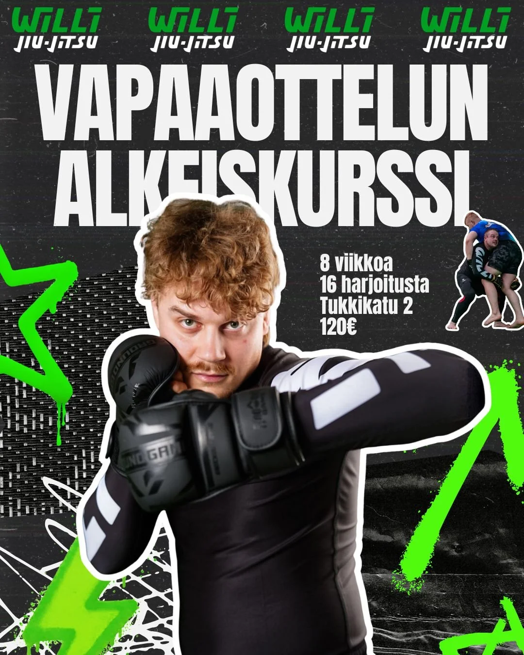 🥊 Vapaaottelun (MMA) alkeiskurssi alkaa 03.03.2026

Haluatko oppia ly&ouml;m&auml;&auml;n, potkimaan, painimaan ja liikkumaan kuin vapaaottelija?
Willin kahdeksan viikon MMA-alkeiskurssi tarjoaa turvallisen ja tehokkaan tavan tutustua vapaaotteluun 