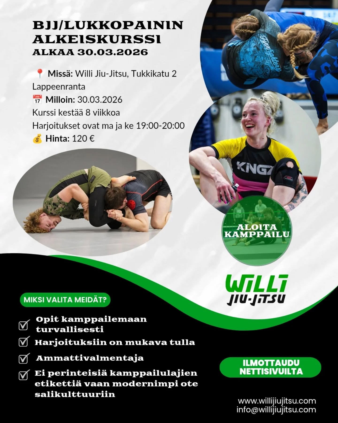 Opi kamppailemaan turvallisessa ja yhteis&ouml;llisess&auml; ymp&auml;rist&ouml;ss&auml;🤜🏻🤛🏻

Kurssin tiedot:

Alkamisp&auml;iv&auml;: 30.03.2026 
Kesto: 8 vikkoa 
Harjoitusajat: ma ja ke 19:00-20:00 
Hinta: 120&euro;
Paikka: Tukkikatu 2, Lappeen