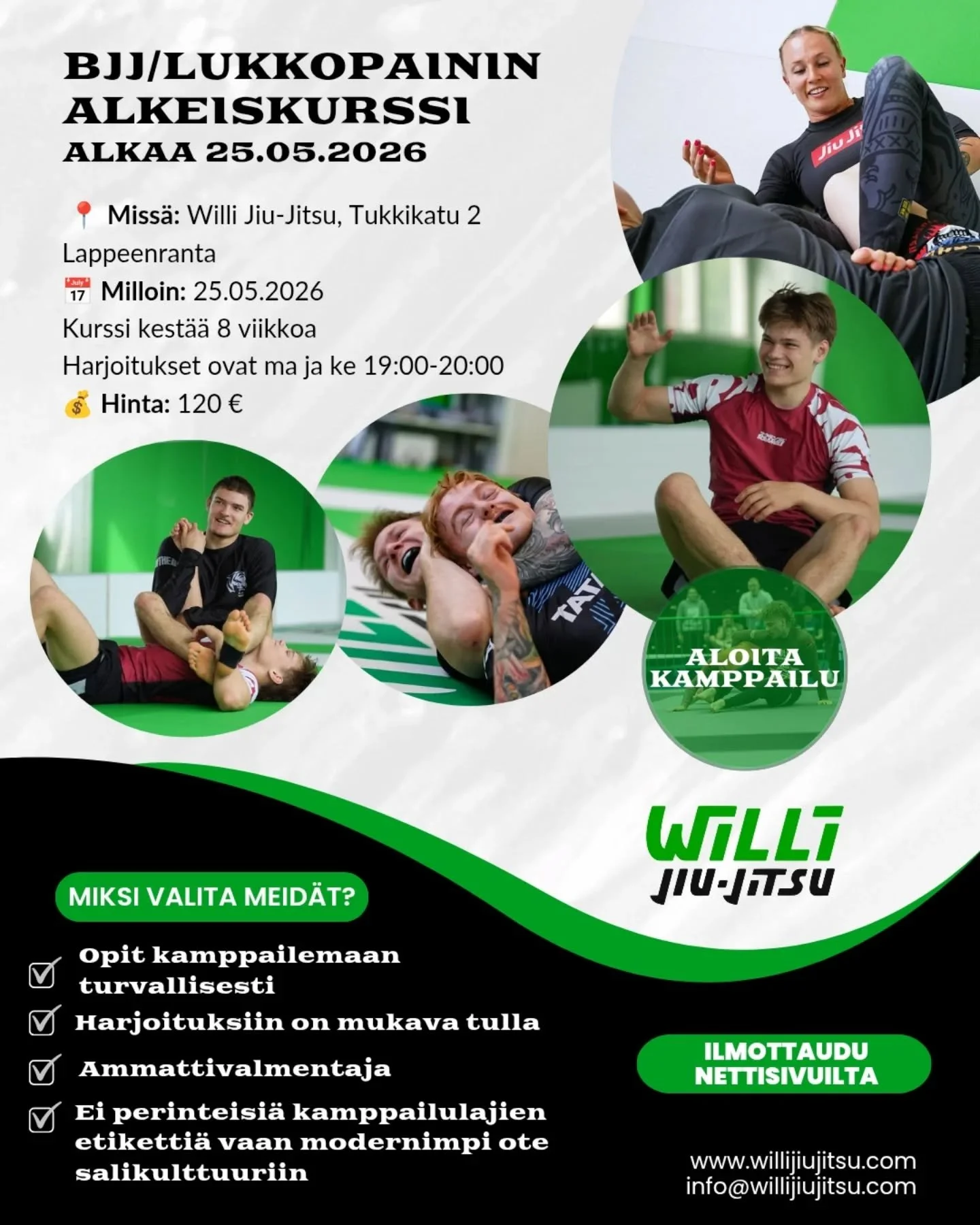 Opi kamppailemaan turvallisessa ja yhteis&ouml;llisess&auml; ymp&auml;rist&ouml;ss&auml;

Kurssin tiedot:
Alkamisp&auml;iv&auml;: 25.05.2026 
Kesto: 8 vikkoa
Harjoitusajat: ma ja ke 19:00-20:00 
Hinta: 120&euro;
Paikka: Tukkikatu 2, Lappeenranta 

Et