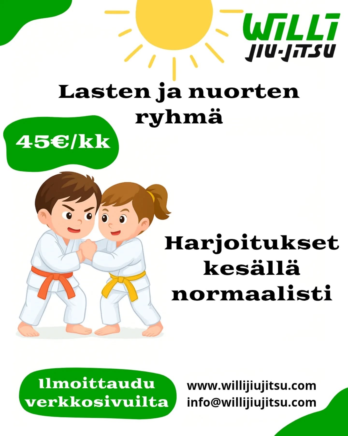 Lasten ja nuorten ryhm&auml; jatkaa kes&auml;n ajan harjoituksia normaalisti eli tiistaina 17-18 ja lauantaina 11-12 

Tervetuloa👋🏼