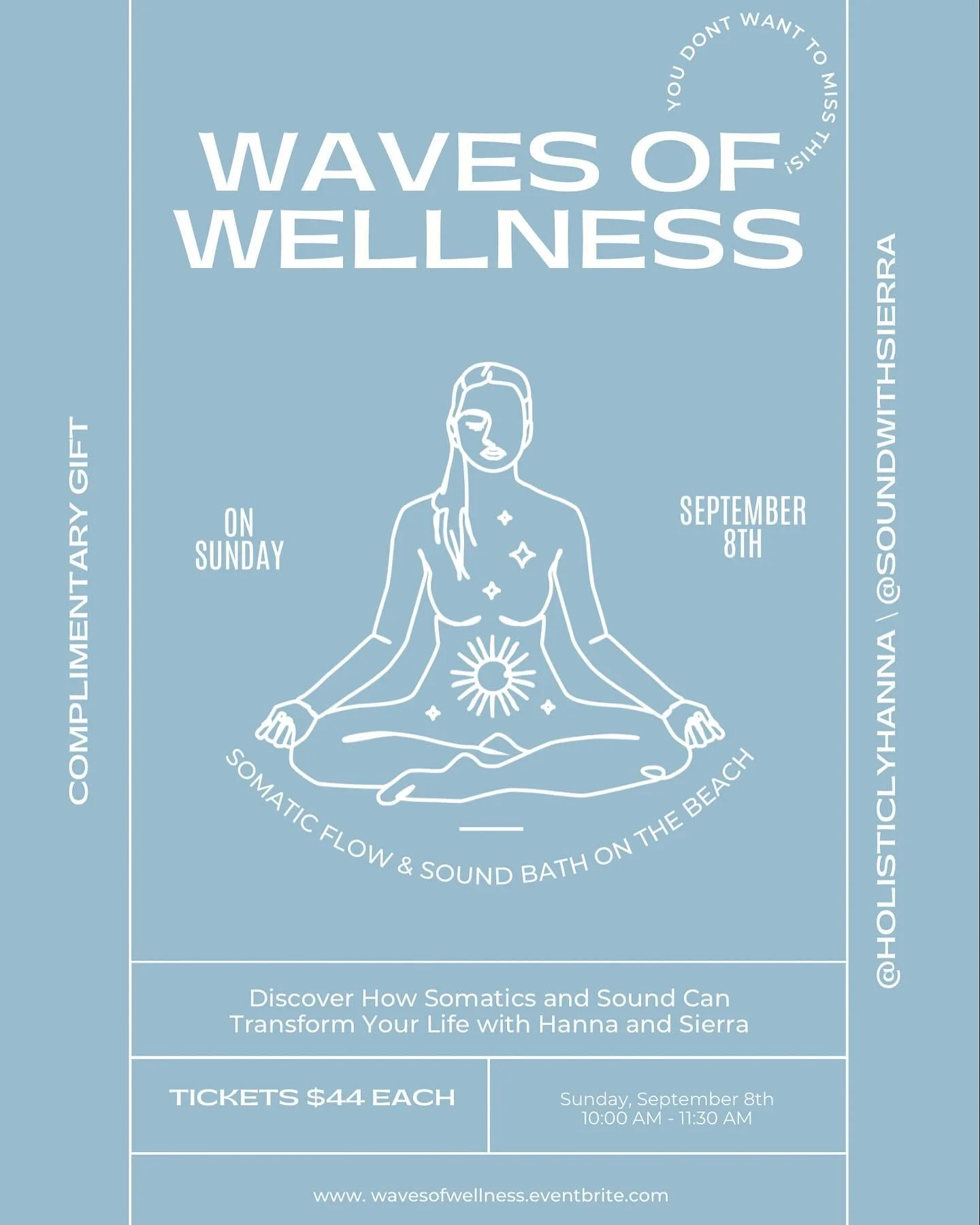 Join Sierra, a Sound Practitioner, and Hanna, an Intuitive Healer, for Waves of Wellness: Somatic Flow and Sound Bath&mdash; an immersive self-care experience on the beach. 🌊✨

This event will help you connect with your inner wisdom, strengthen your