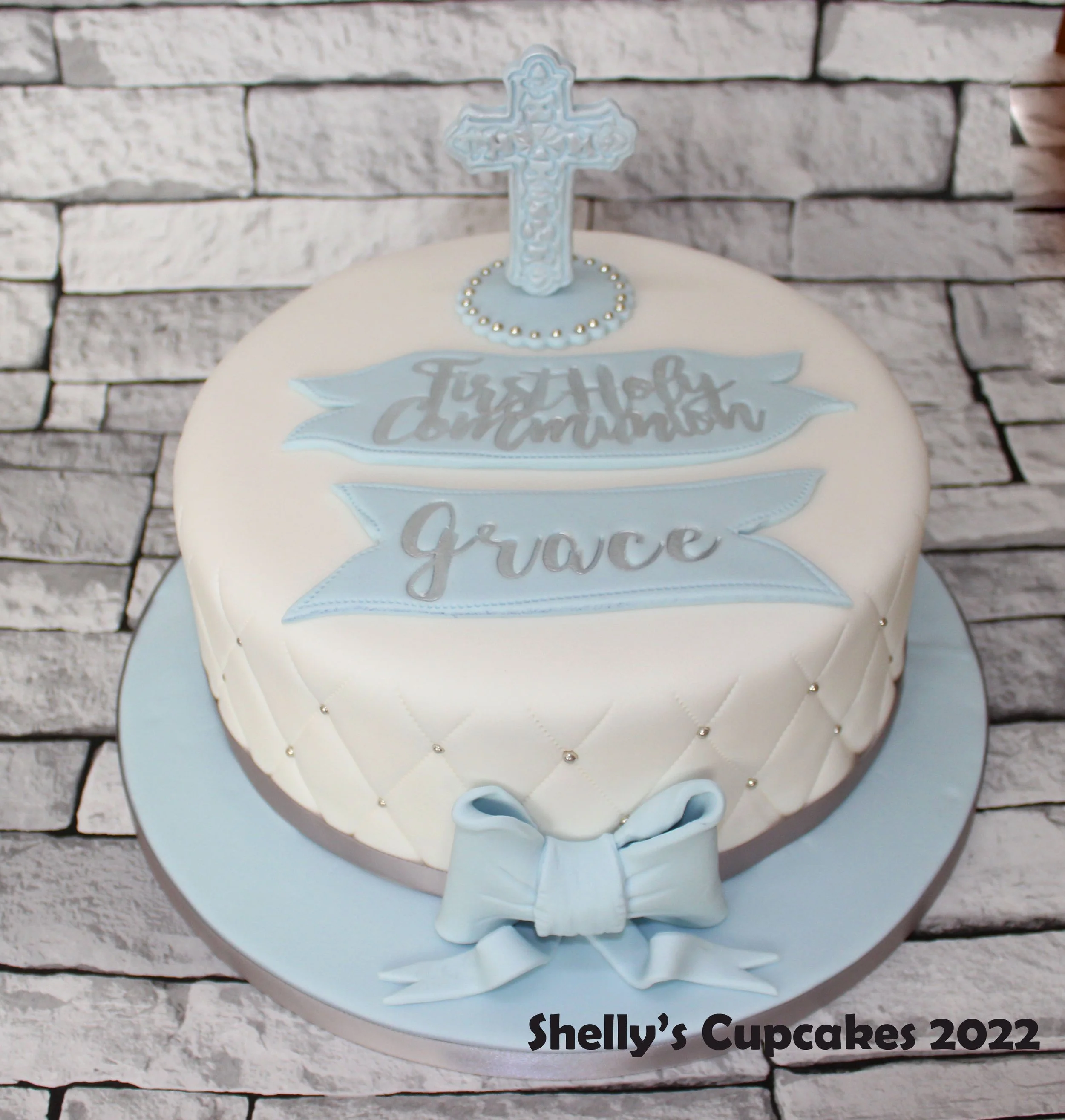 Blue & White Fondant Bow & Cross
