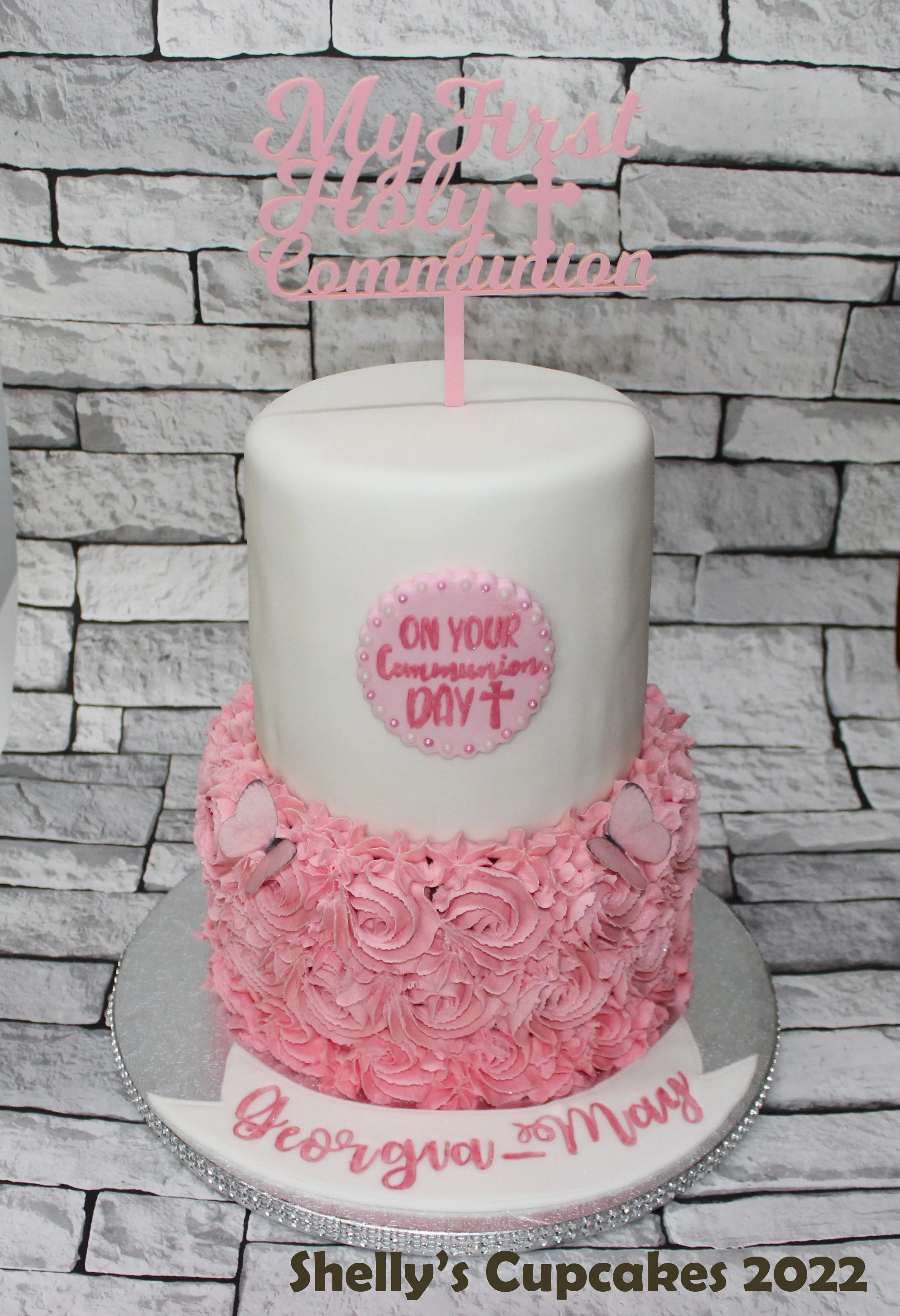 Two Tier Buttercream & Fondant Pink Rosettes 