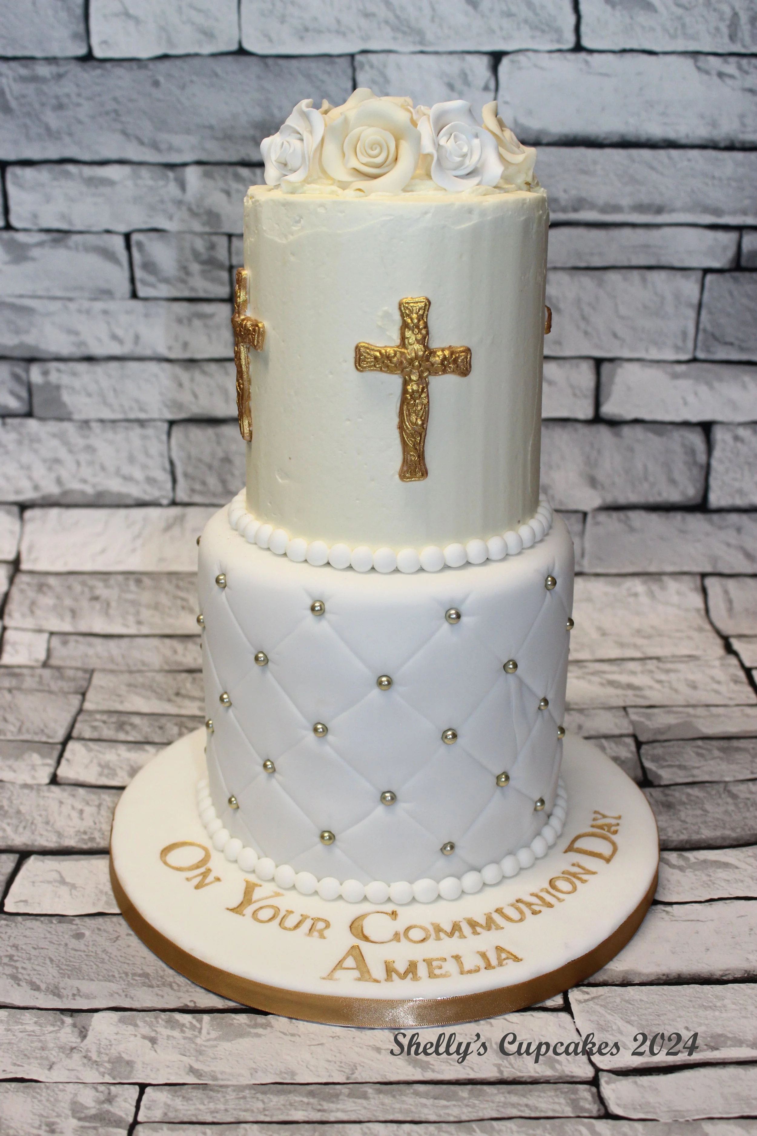 Two Tier Buttercream & Fondant Quilt & Roses