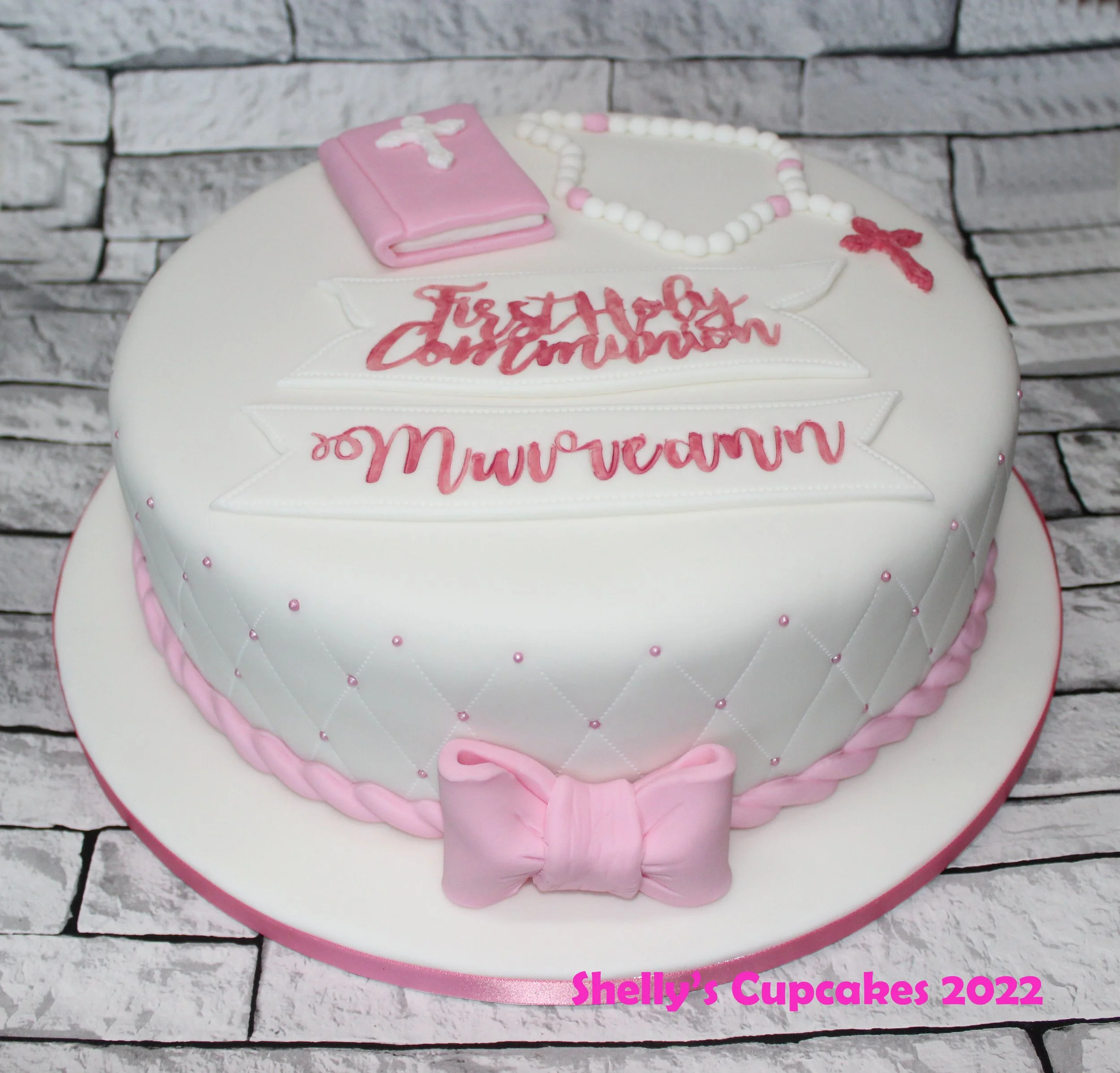 Pink & White Fondant Bow, Bible & Rosary Beads 