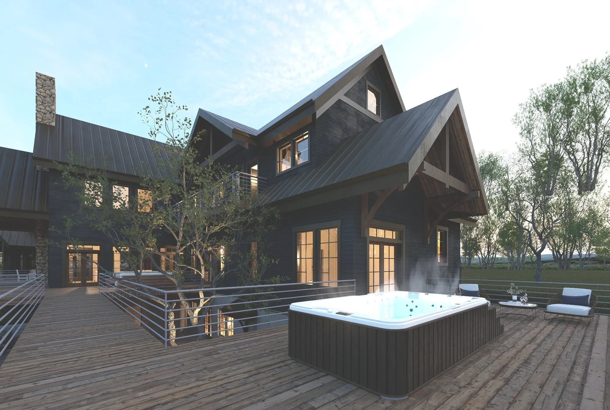 A modern two-story house with a large wooden deck, hot tub, and outdoor seating area, surrounded by trees under a clear sky.