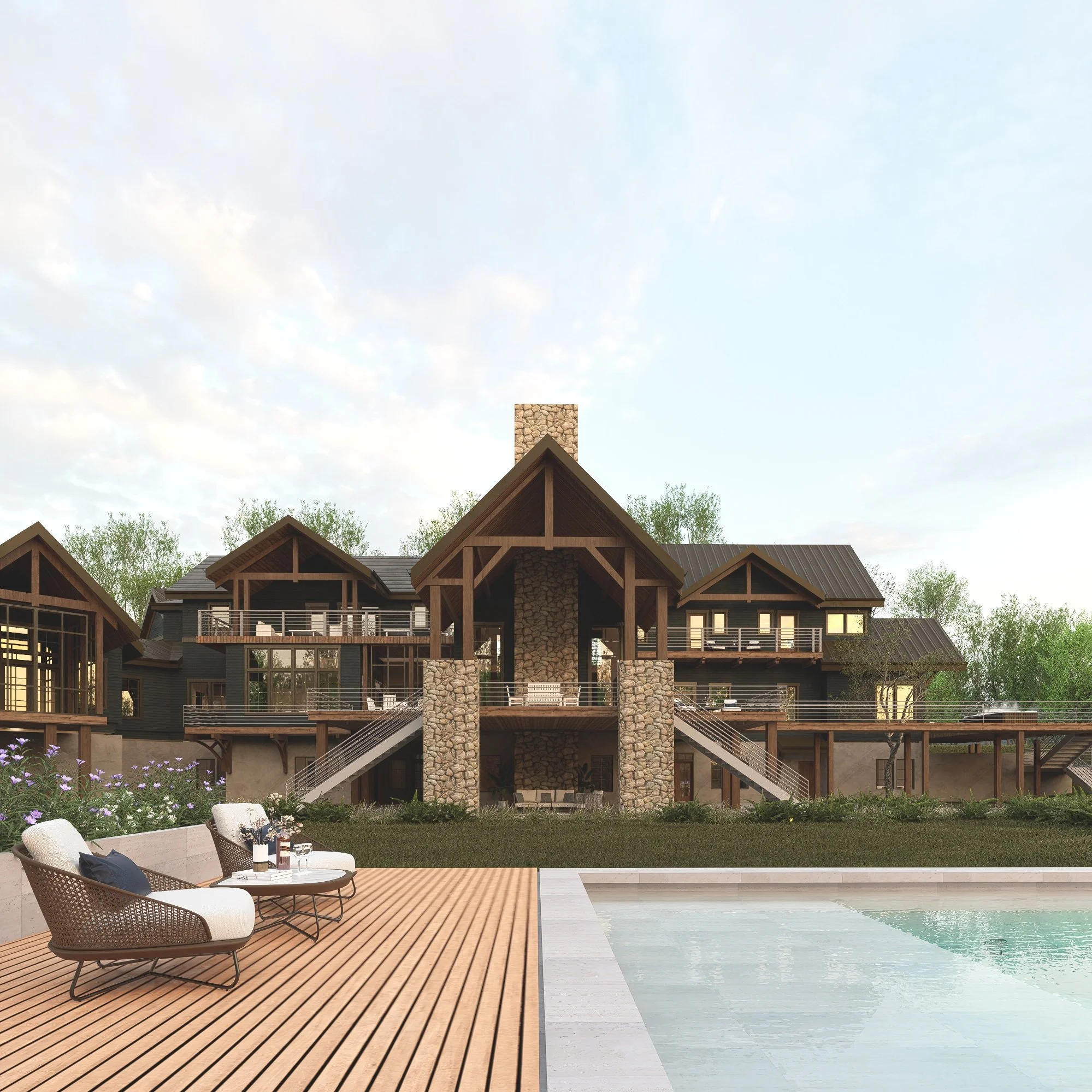 A luxury house with a pool in the foreground, featuring wooden decks and outdoor furniture, set against a backdrop of trees and a blue sky with clouds.