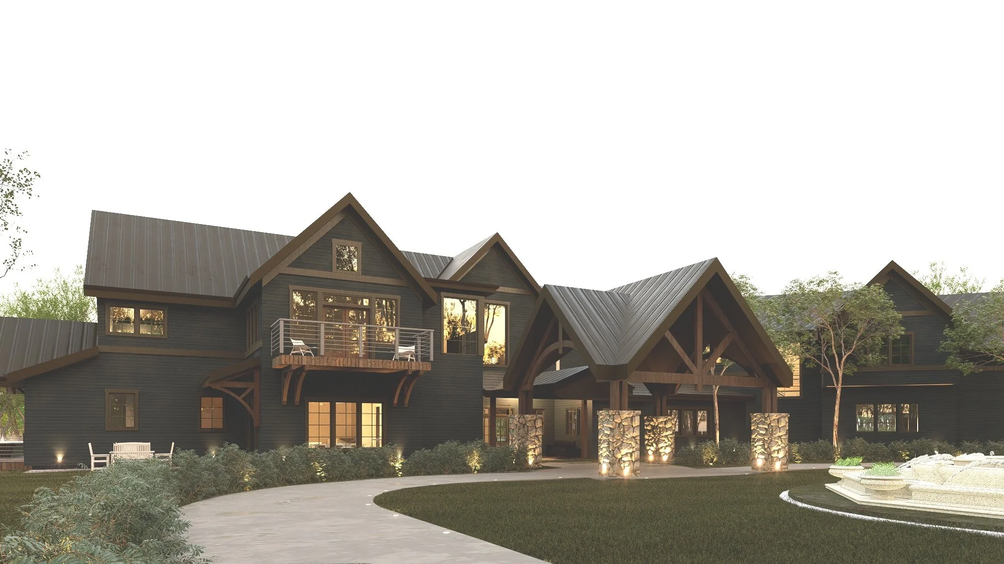 Modern house with dark exterior, metal roof, large windows, and a stone and wood entrance, surrounded by trees and bushes, with a curved walkway and a fountain in the front yard.