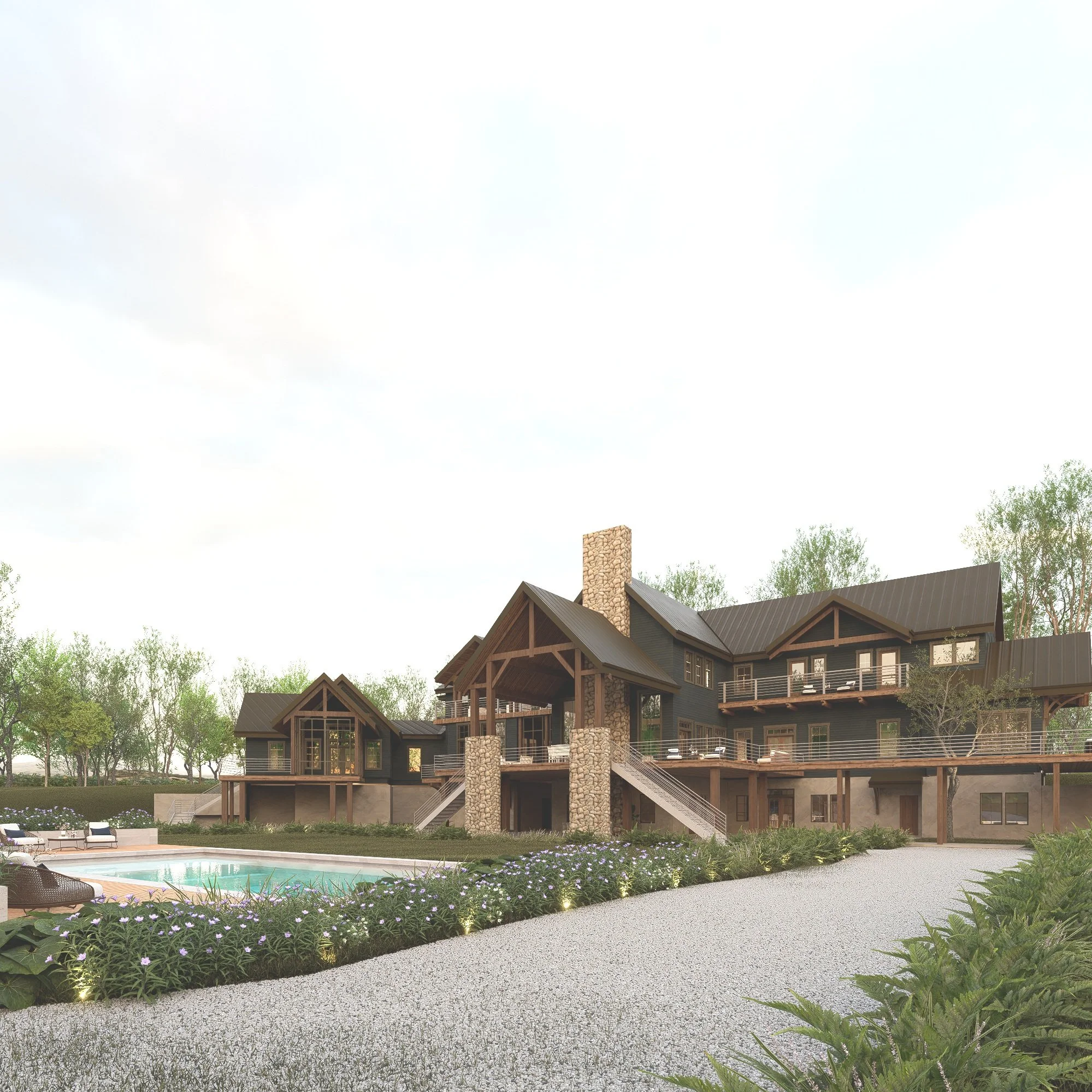 A large, modern house with dark exterior walls and a gabled roof, surrounded by green trees and landscaped garden, with a swimming pool in the foreground.