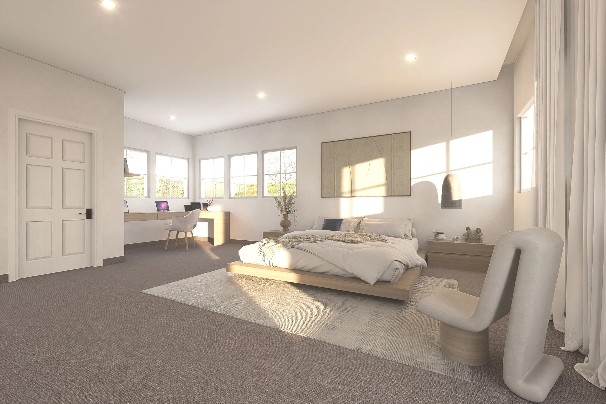 Bright bedroom with large windows, white walls, neutral-toned furniture, a large bed with white bedding, a beige chair, and minimal decor.