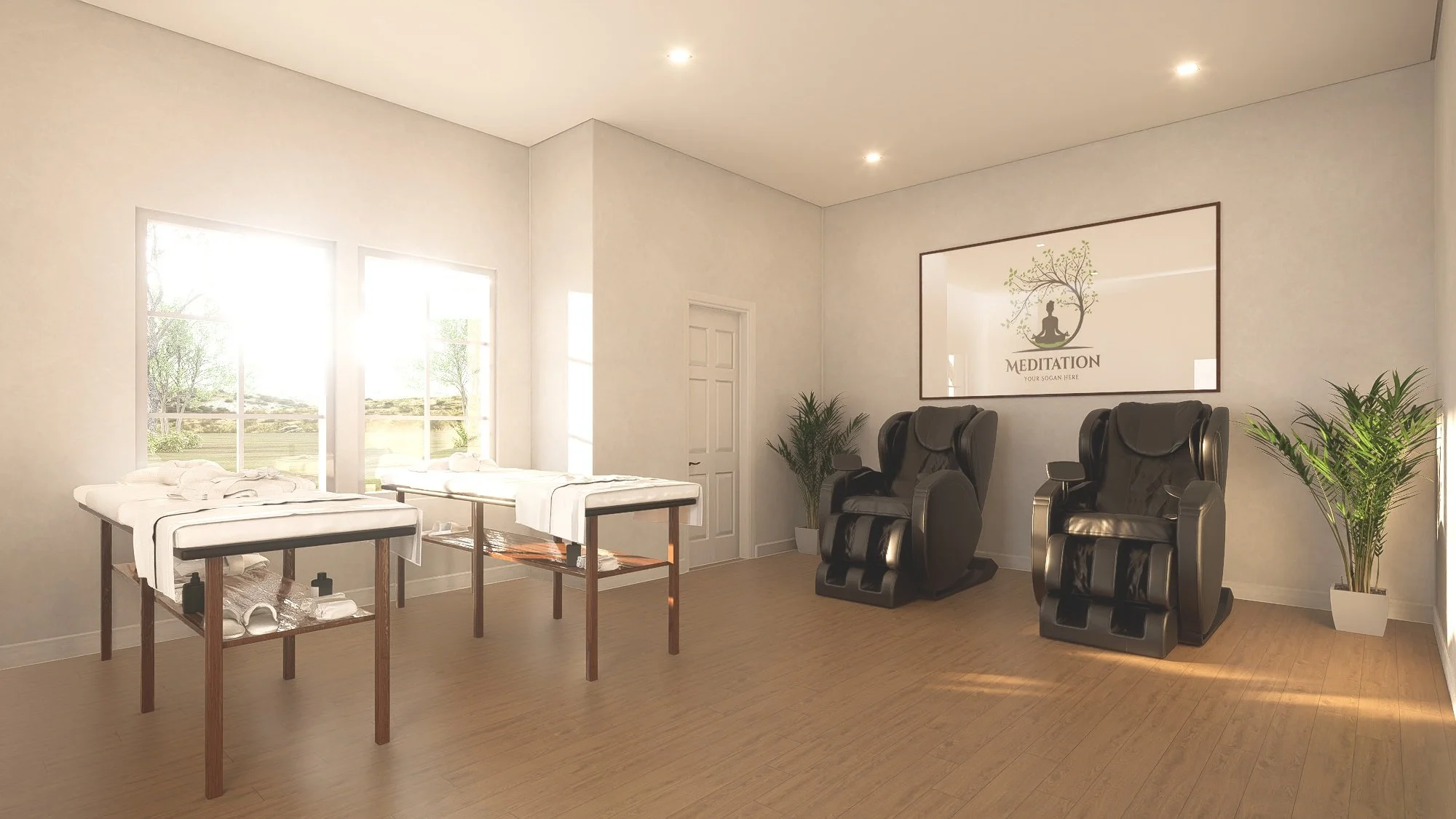 Well-lit massage therapy room with two massage tables, massage chairs, large meditation-themed wall art, and potted plants.