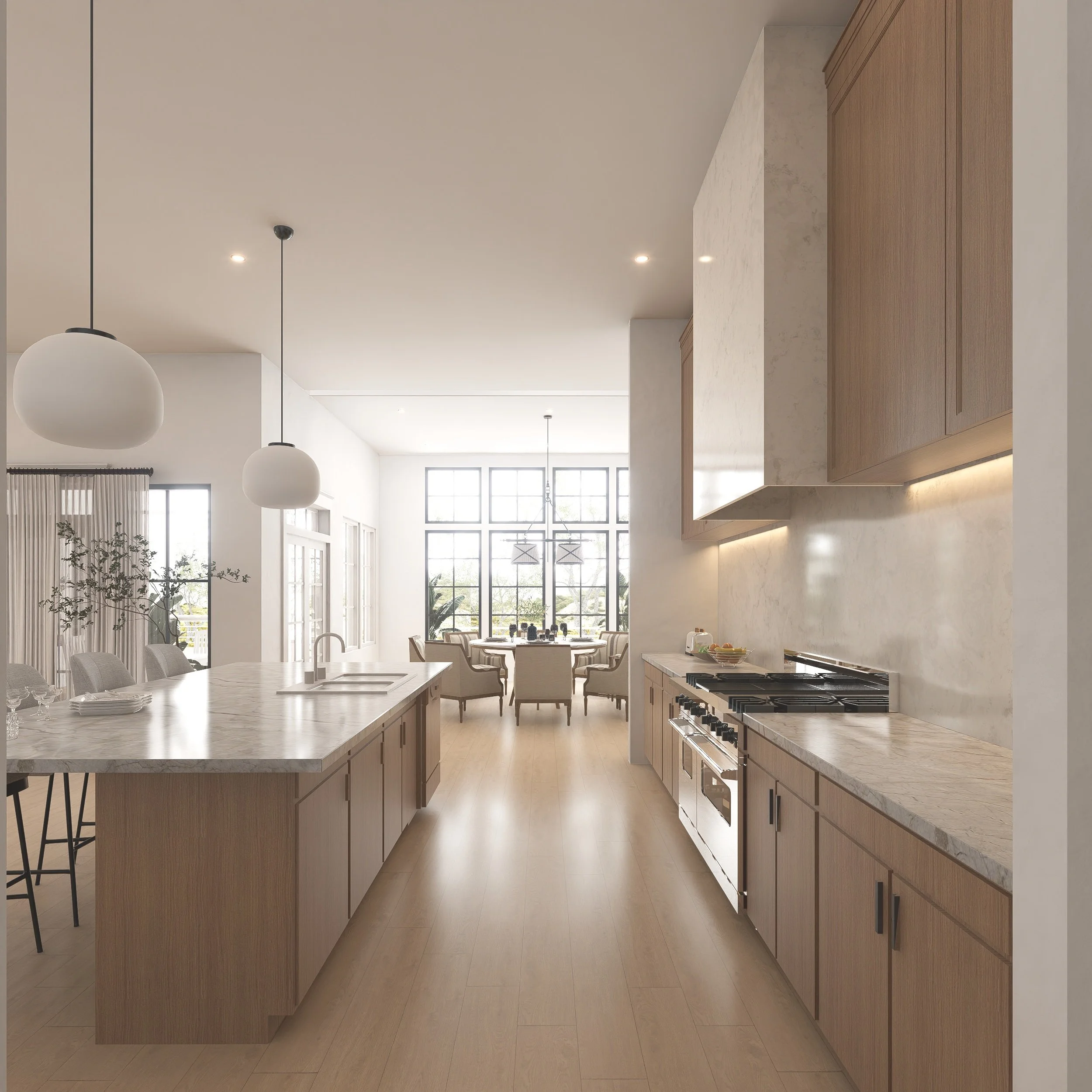 Bright, modern kitchen and dining area with large windows, wooden cabinetry, marble countertops, and pendant lighting.