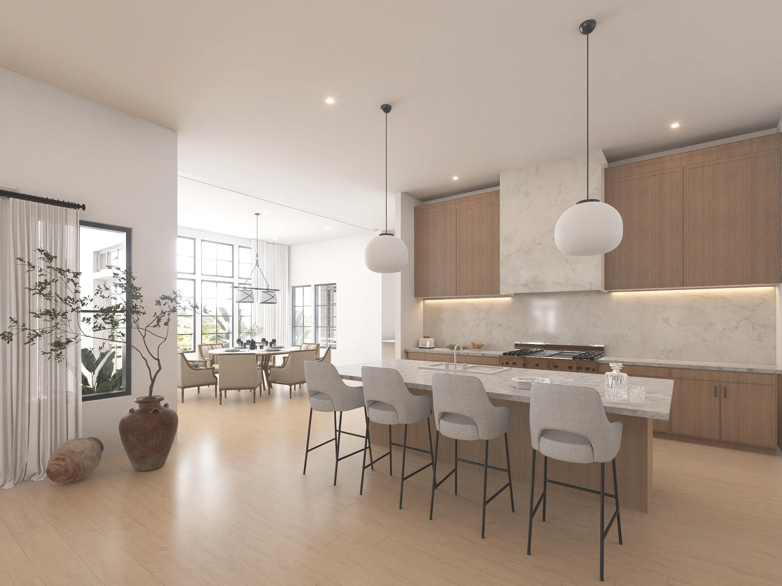 Modern open-concept kitchen and dining area with wooden cabinets, white marble countertops, pendant lighting, light wood flooring, a large window with natural light, and a dining table with beige upholstered chairs.