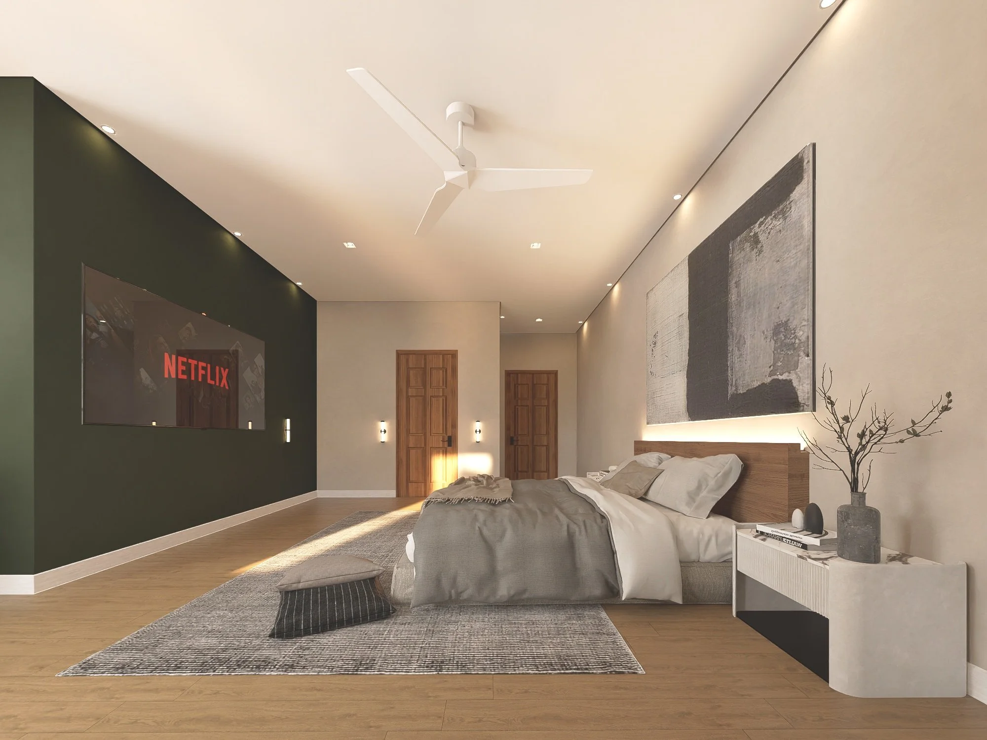 Modern bedroom with a bed, a nightstand with a vase, and a large abstract wall art, with a Netflix on a mounted TV and wooden doors.