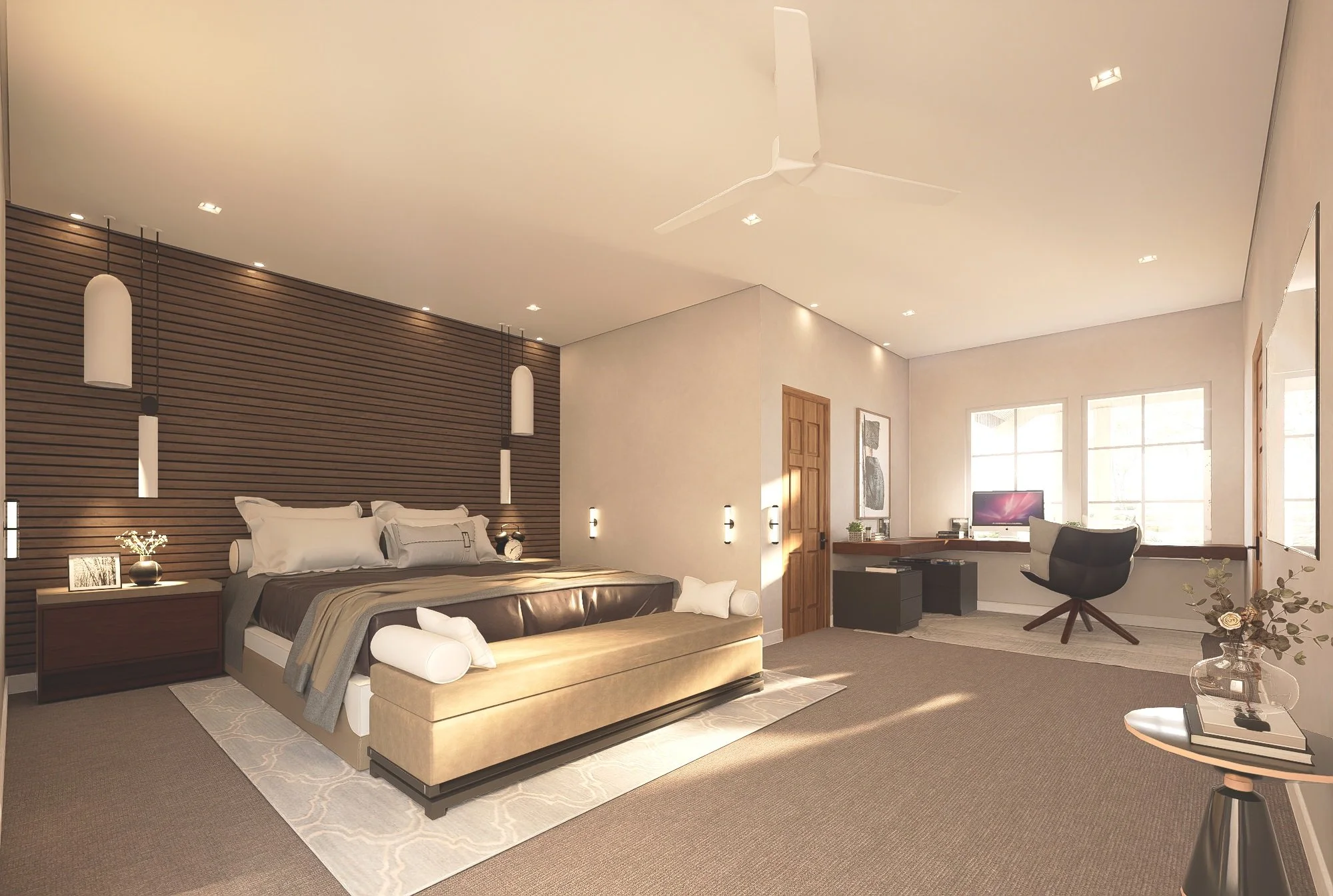 Modern bedroom with a large bed, bedside tables, a sitting area, and a desk near windows with sunlight.