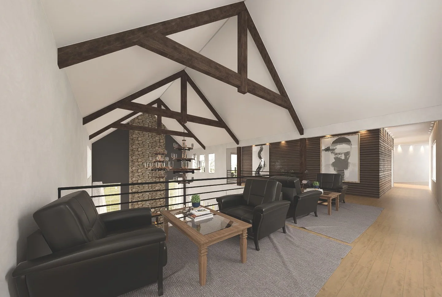 Upscale living room with exposed wooden beams, black leather chairs, wooden coffee tables, gray area rugs, and modern artwork on a wooden-paneled accent wall, with a stone chimney and chandelier in the background.
