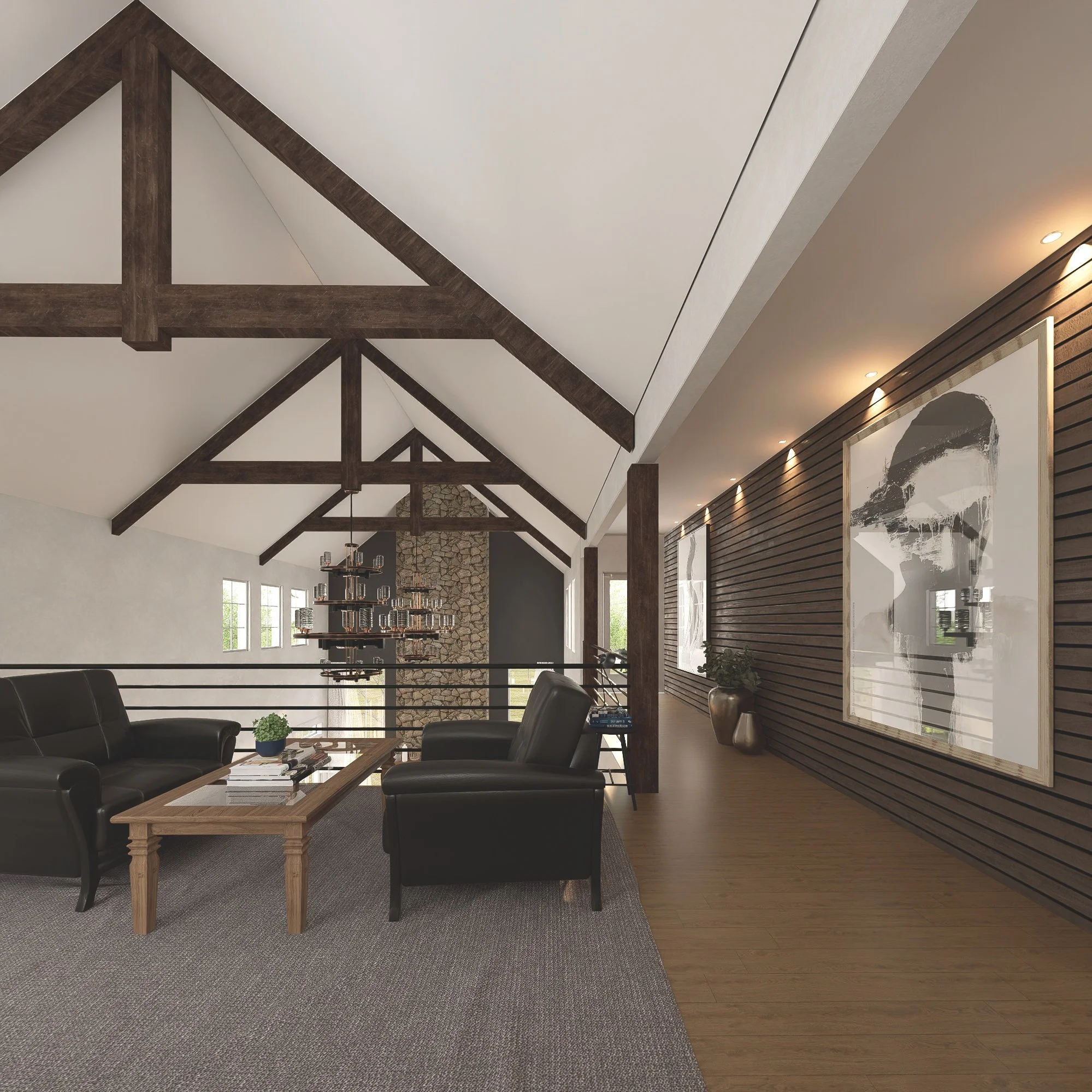 Living room with high vaulted ceiling, exposed wooden beams, stone accent wall, abstract black and white portraits, black leather sofa and armchair, wooden coffee table with books, potted plant, and warm lighting.