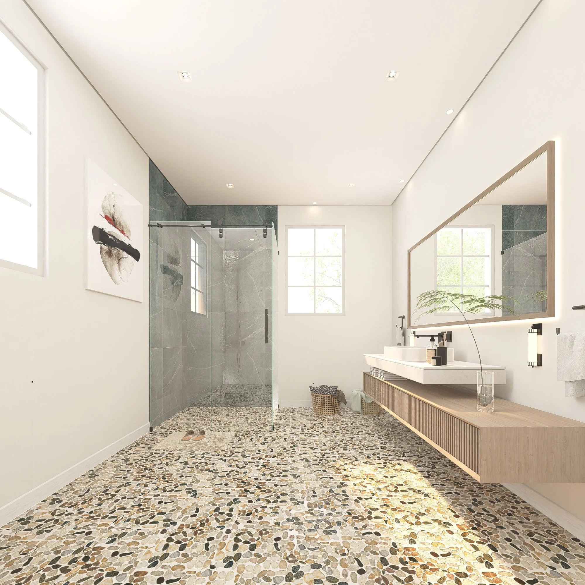 Modern bathroom with pebble stone floor, large mirror, wooden vanity, sitting area, and walk-in glass shower