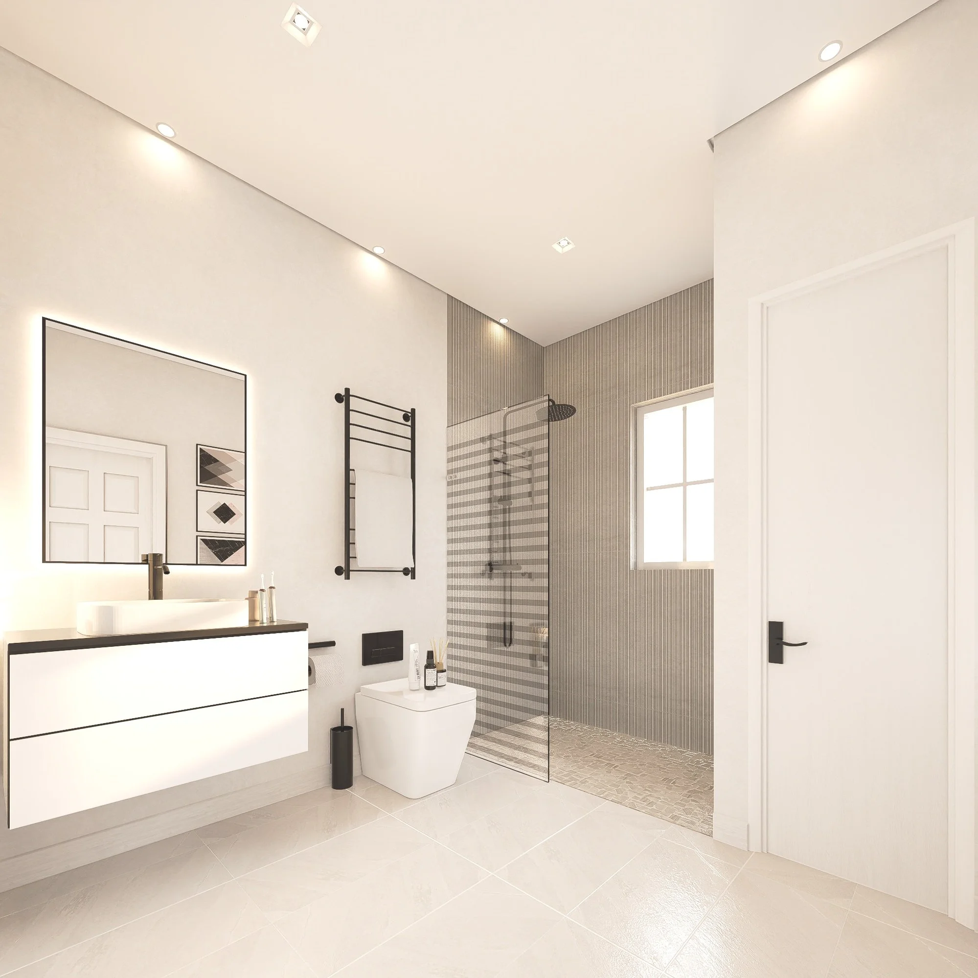 Modern bathroom with white walls, a white floating vanity with a large mirror, a black towel rack, a toilet with decorative bottles, a black toilet brush, and a walk-in shower with a glass door, gray striped wall, rain showerhead, and a window lettin
