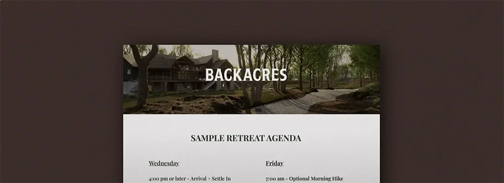 Retreat agenda flyer with a scenic woodland background and the title "Backacres" at the top.