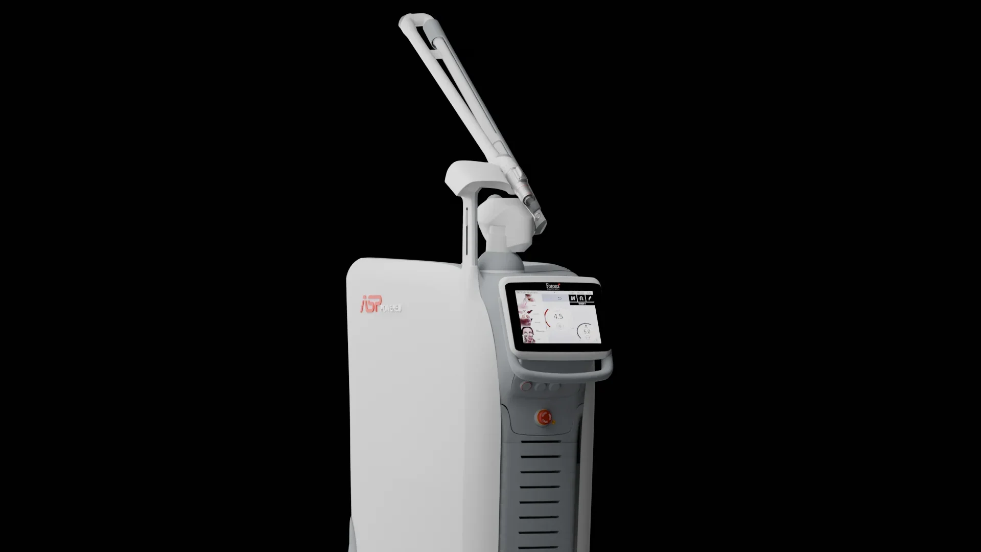Medical laser device with a long handpiece and a digital control screen on a black background.