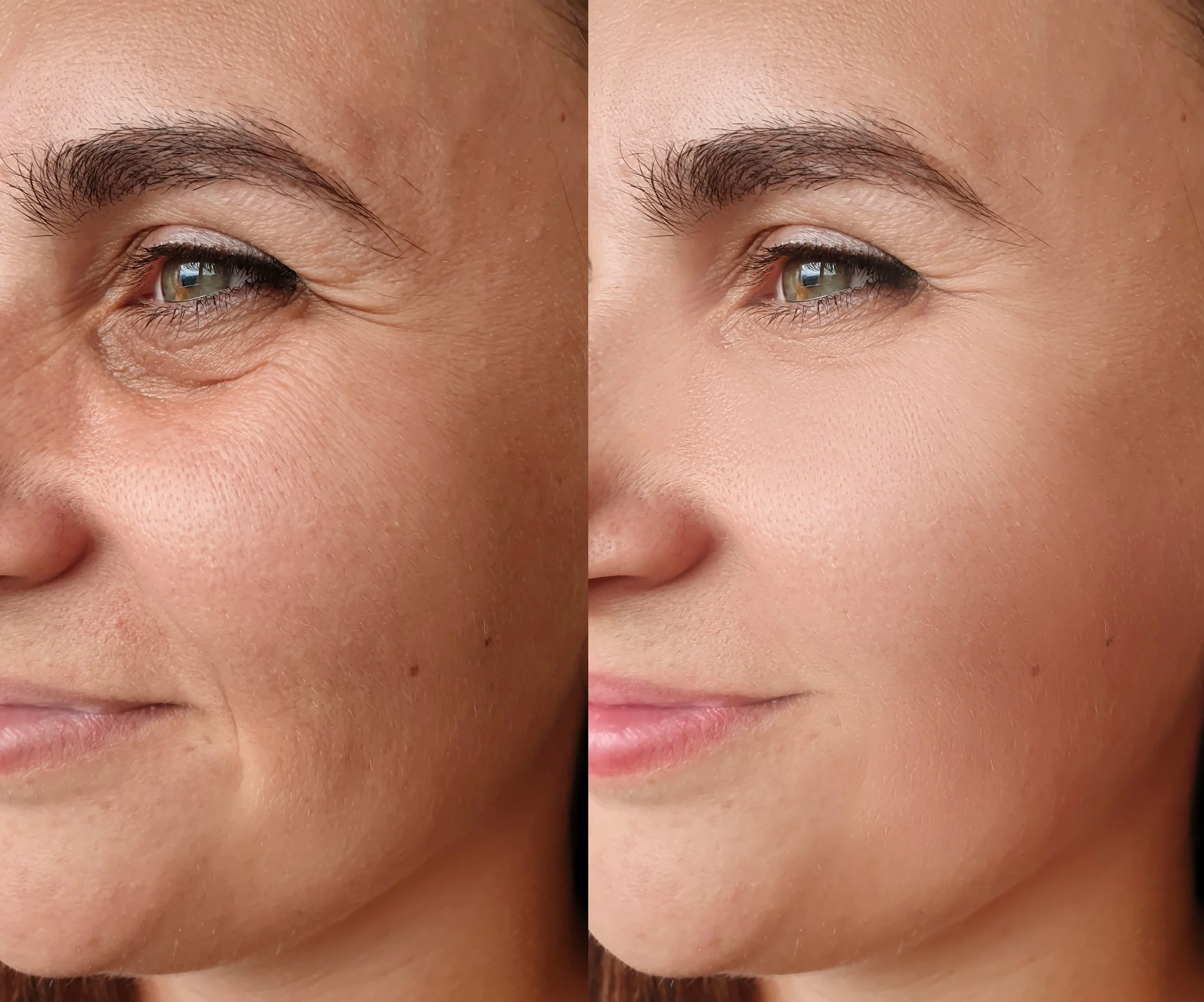 Comparison of a person's right cheek showing before and after skincare or cosmetic treatment, with smoother skin and reduced wrinkles in the after image.