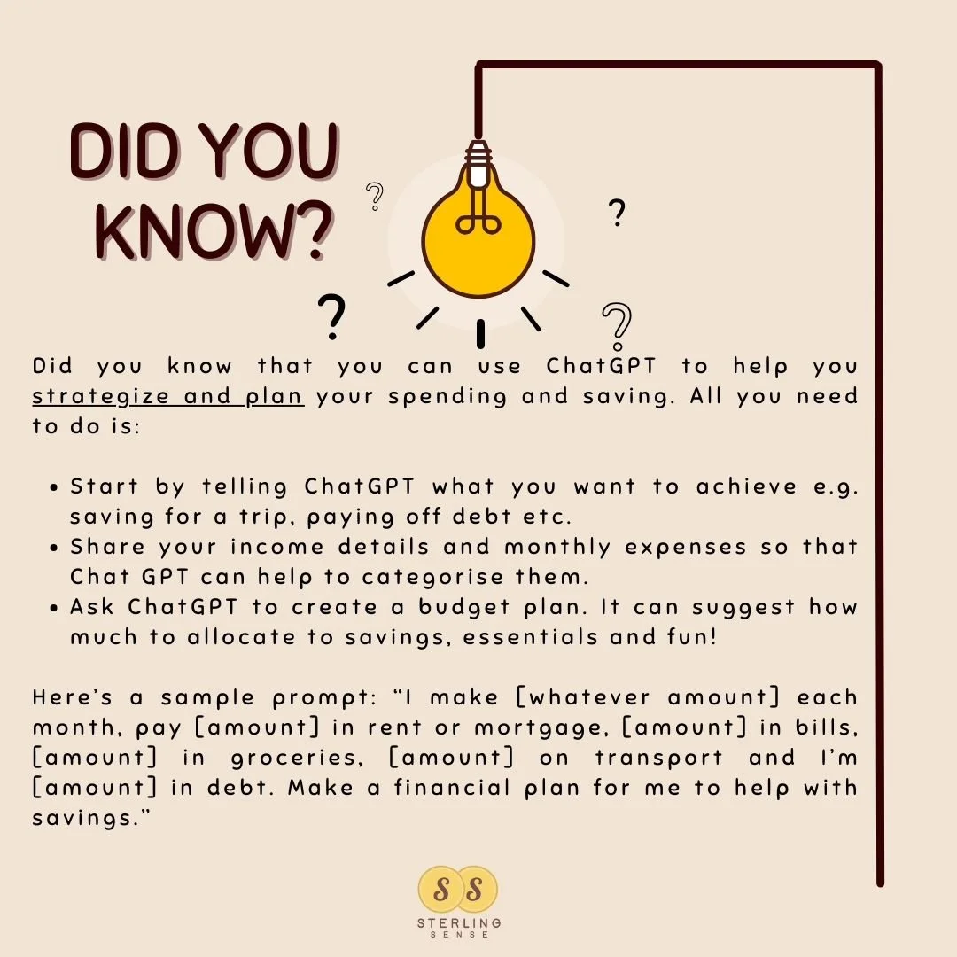 ChatGPT 🤝 Budgeting

ChatGPT will never replace a human financial advisor, but it can help with a simple budget. 

Would you give this a go? 

#budgeting #finances #ChatGPT #SterlingSense #money #wealth #spending #income #financialfreedom #financial