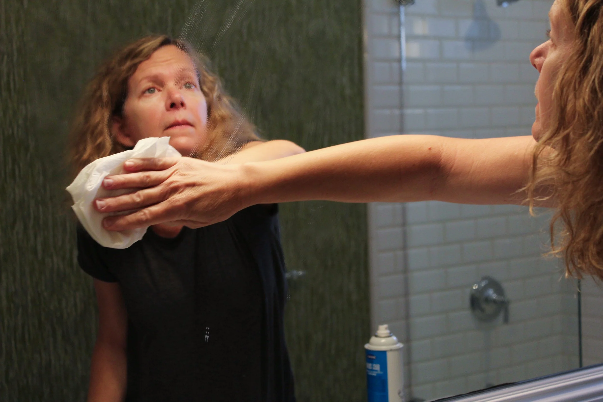 Gabriel Perez, "Water Spots," 2021. Whenever my younger brother washes his hands, he shakes them dry instead of using a towel. This results in a bunch of water spots forming on the mirror. I always hear the screeching sound of the towel against the m