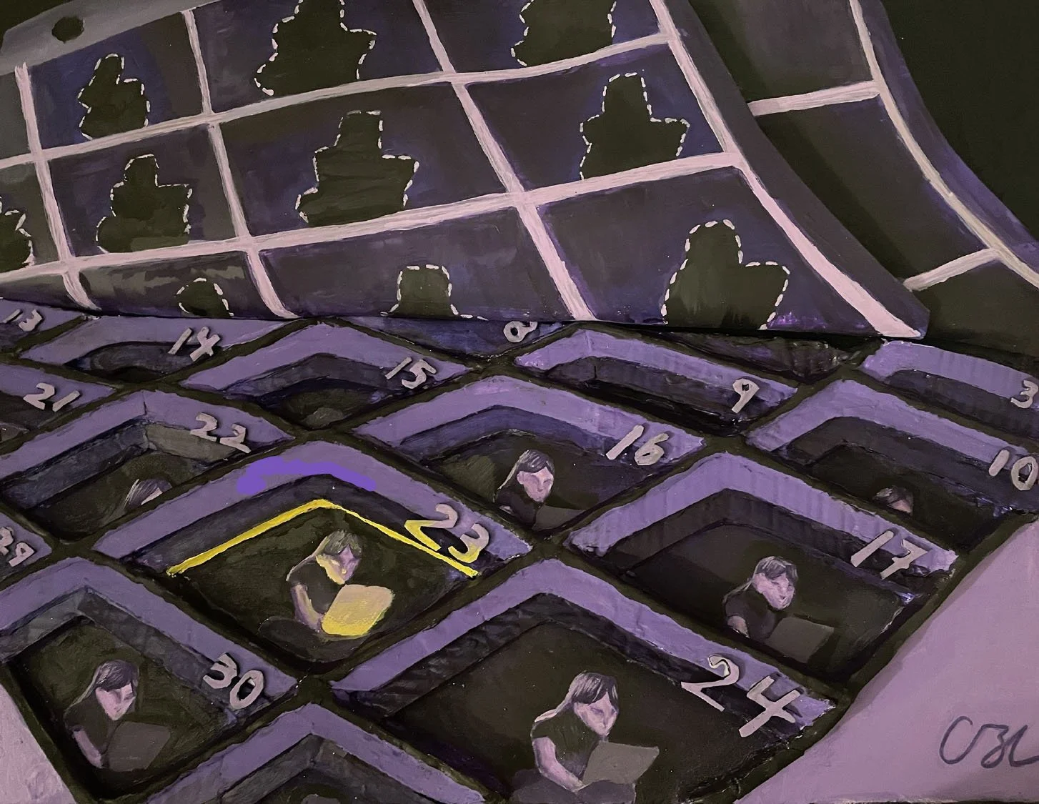 Cara Lin, "23/7," 2023. In my piece, I try to express the repetitive nature of working and how difficult it can feel when you can't spend time with your family. The number 23 is present in the title. It is highlighted because I wanted to emphasize ho