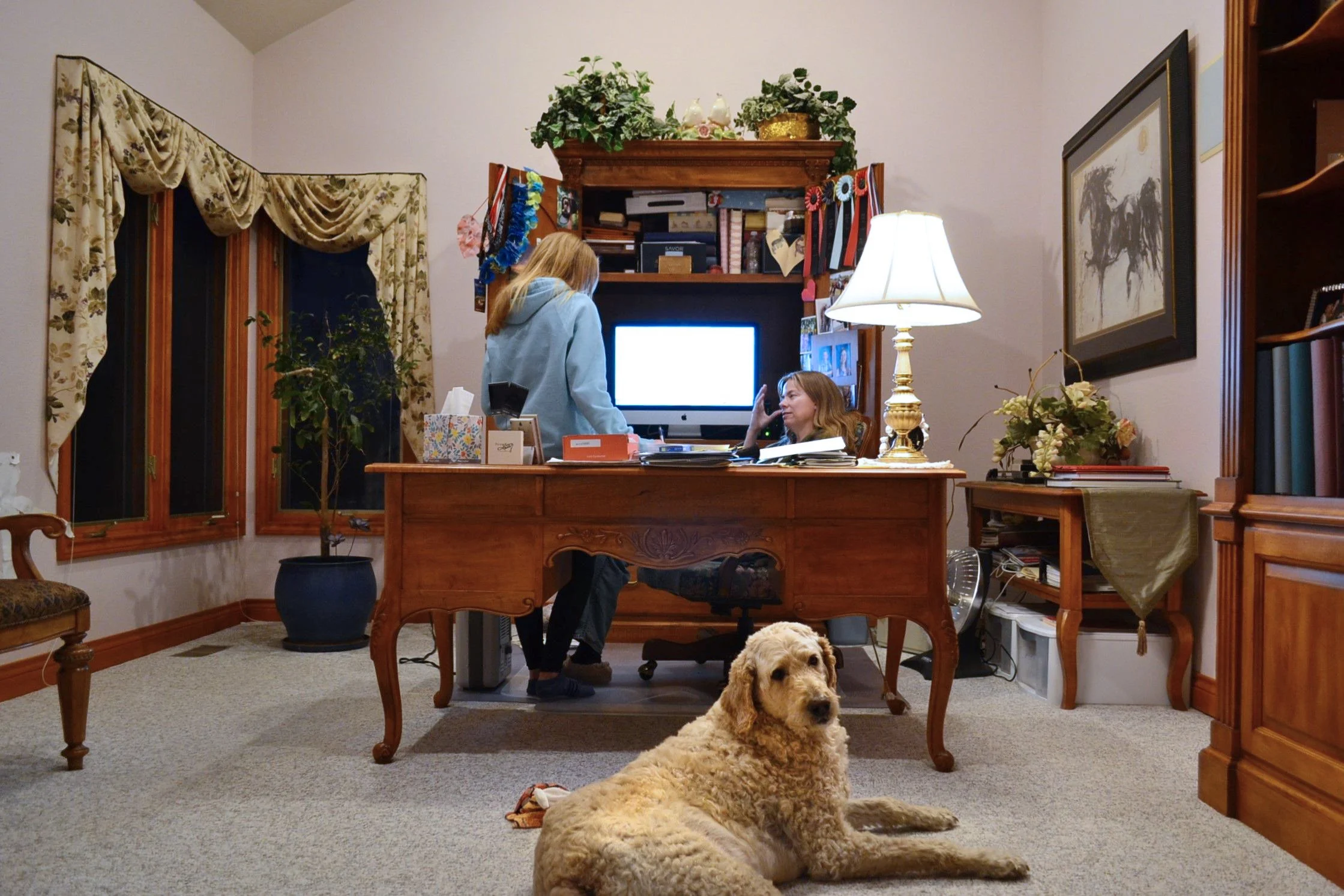 Aleksandra Saganowska, "A Long Day," 2019. "No matter how hard my host mom’s day was or what she’s doing, she still has time to talk with us when we finally get off the bus. We go to her office, followed by Barney, who missed us the whole day, and ju