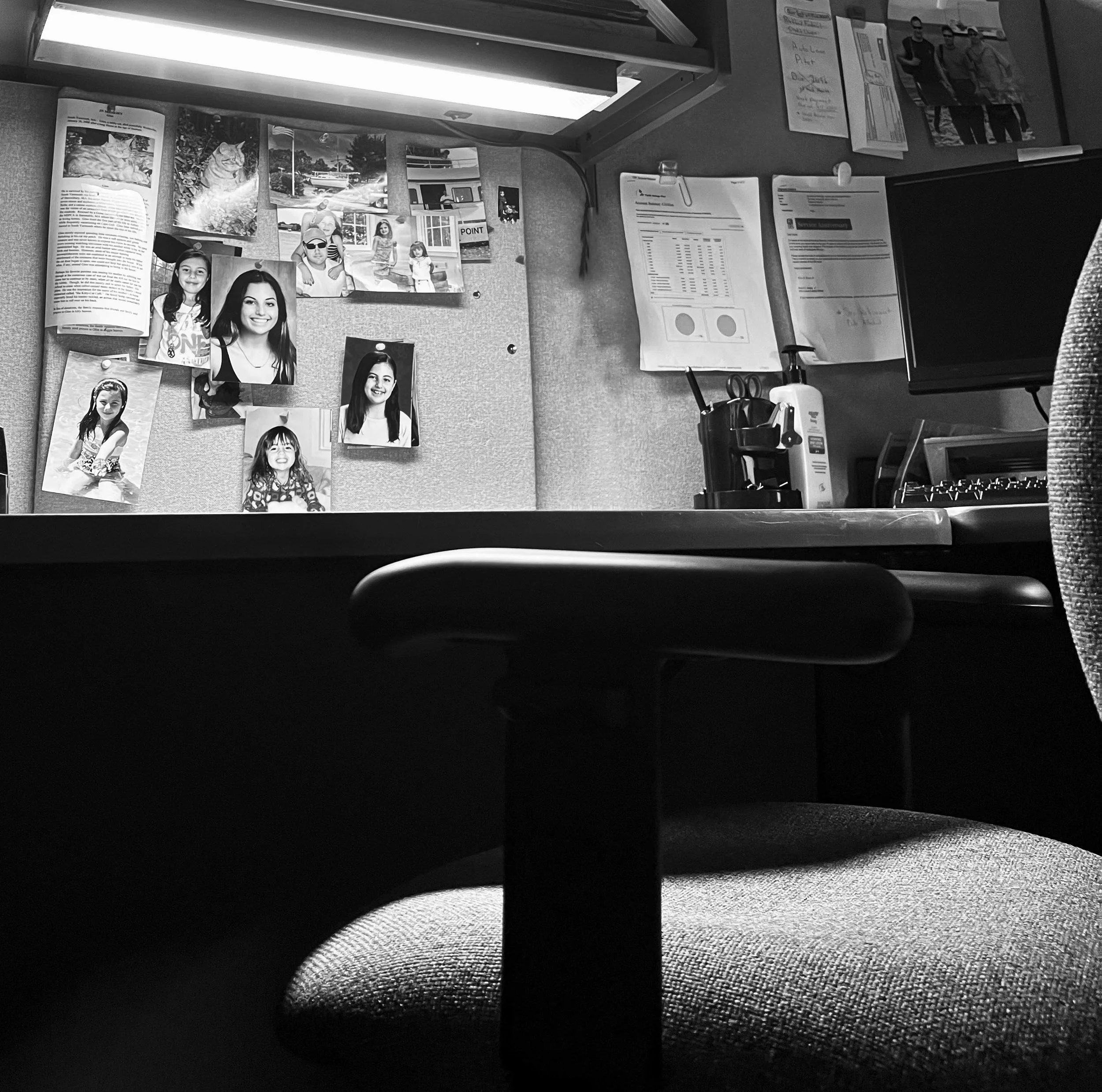 Ashley Daignault, "Illuminate," 2022.
My dad has always had an office to work from home in our basement. Even though it's filled with papers, folders and files, seeing pictures of my sister and I under the bright light reminds me that he thinks of us