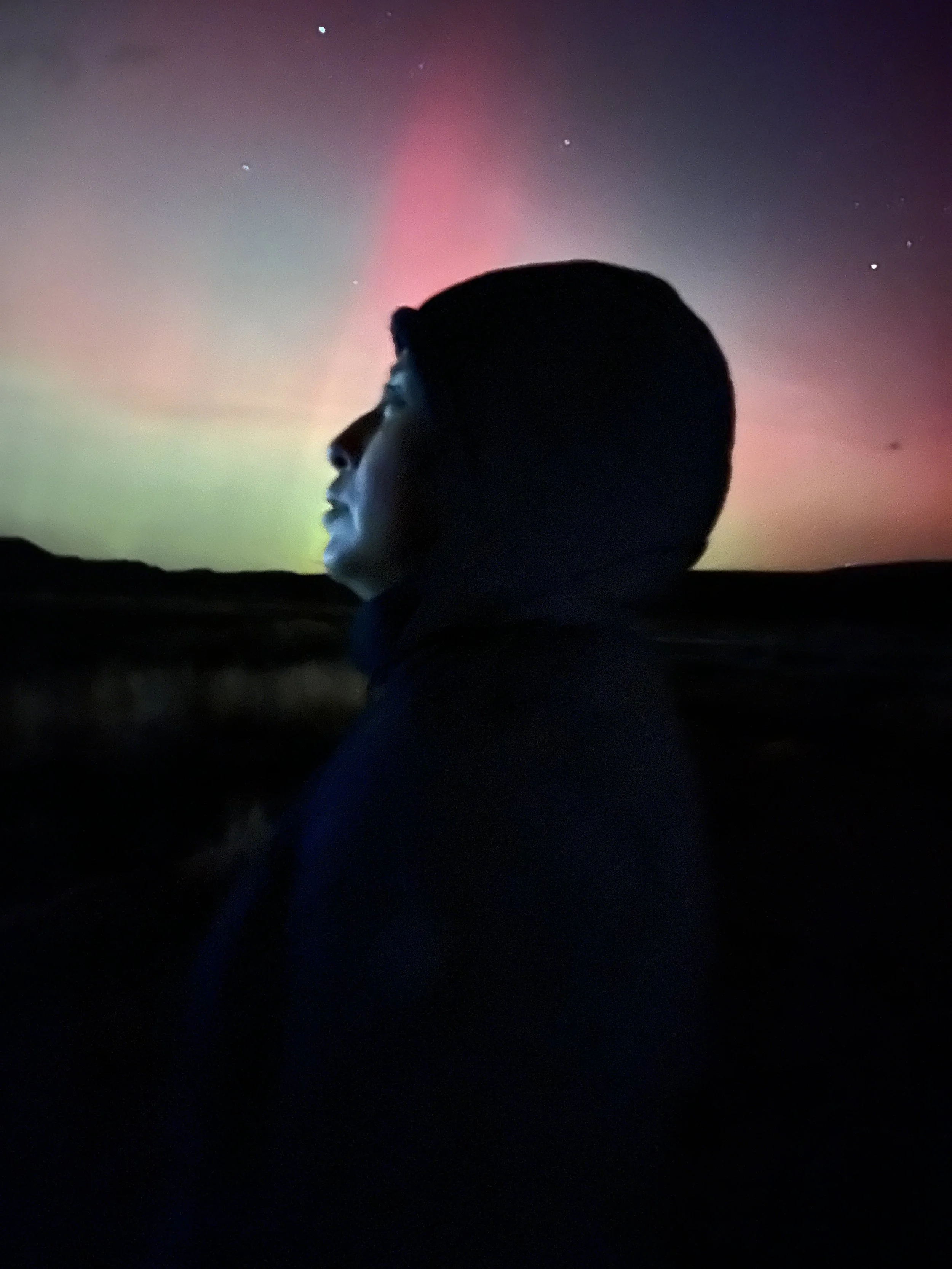 Sophie Hernandez, "Northern Lights," 2026. In this picture, you can see my mom looking up at the northern lights. My mom and I were heading to the store when I noticed that the sky was a little red. I checked my phone’s camera and saw the lights. We 