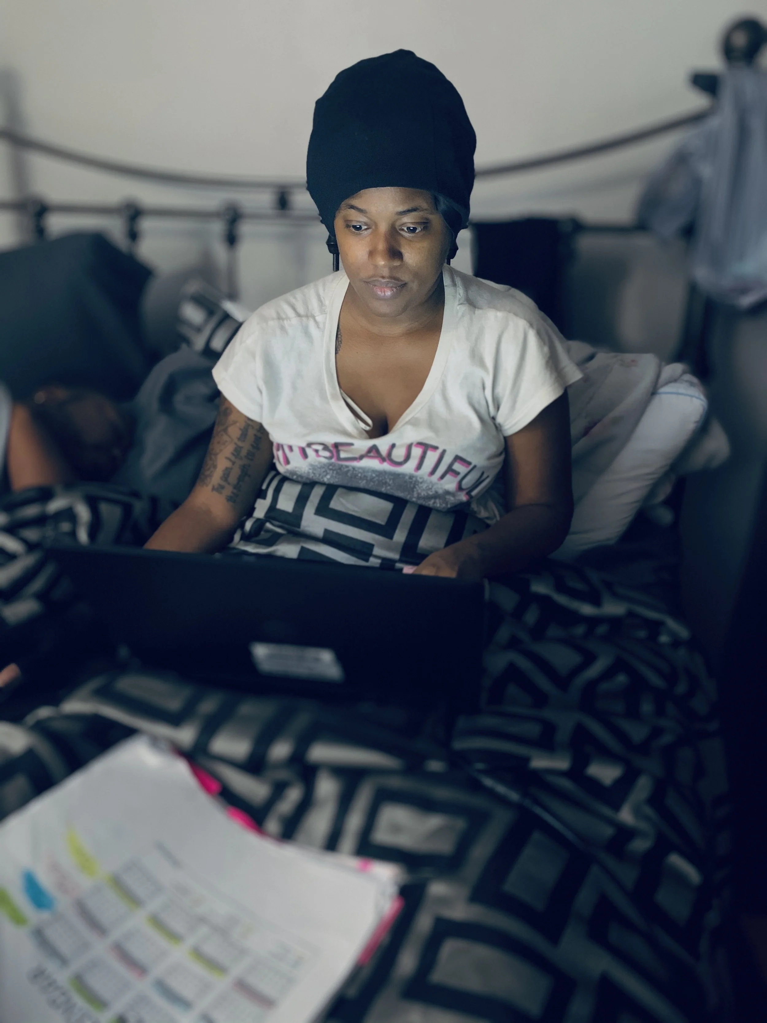 Isis Kirven, "Work Now Sleep Later," 2020. "My mom is an Eligibility Specialist and works six days a week. If she’s not sleeping during her break time, she’s leading investigations from her bed."
