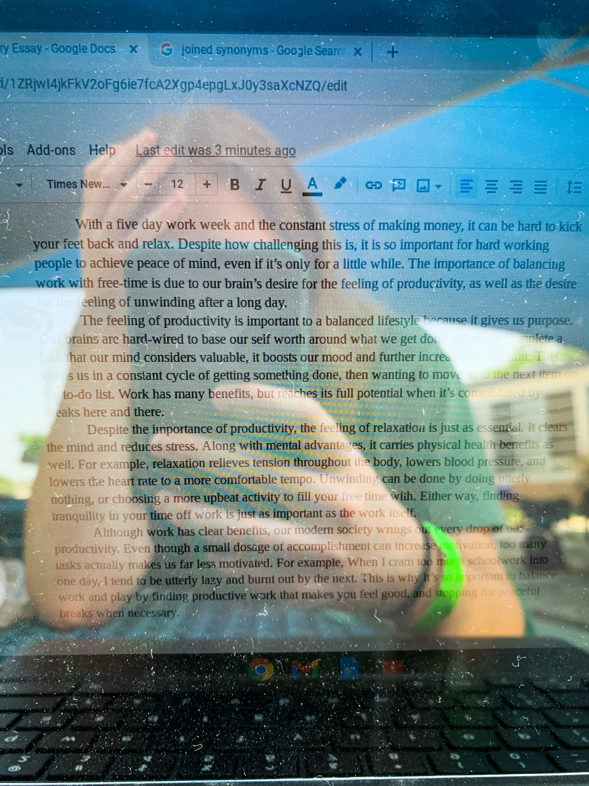 Caroline Owen, "Working Overtime," 2021. On my first day back to school in person, I didn’t really know anyone because all of my friends were still doing school virtually. At lunchtime, I sat by myself and worked on an essay rather than using the fre