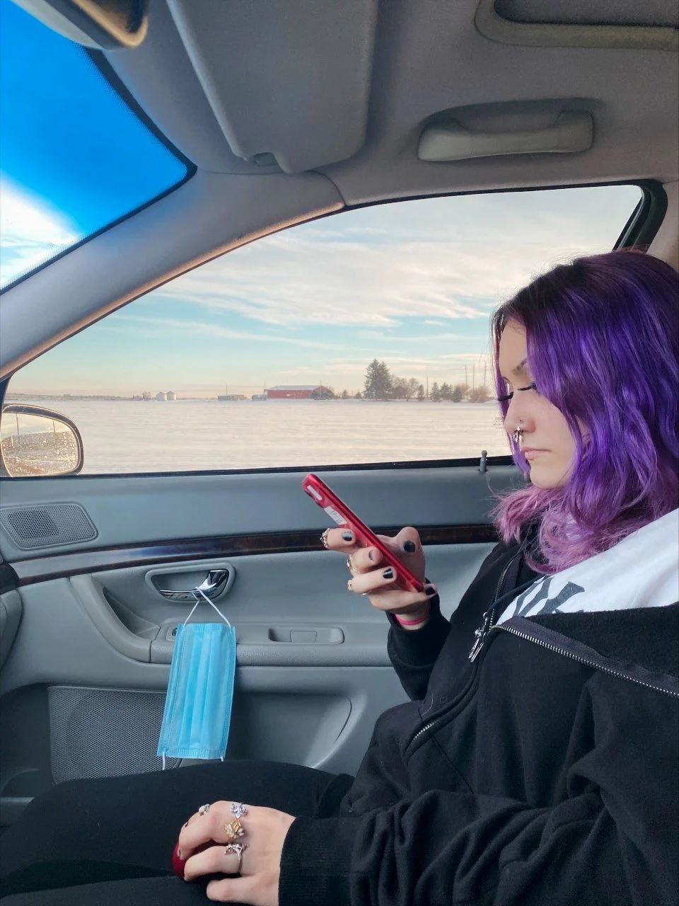 Analisa Alvarado, "Relief," 2022.
I took this photo while driving home with my younger sister after school. It is my responsibility to drive her to and from school every day. We feel very relieved after school because we can finally take off our mask