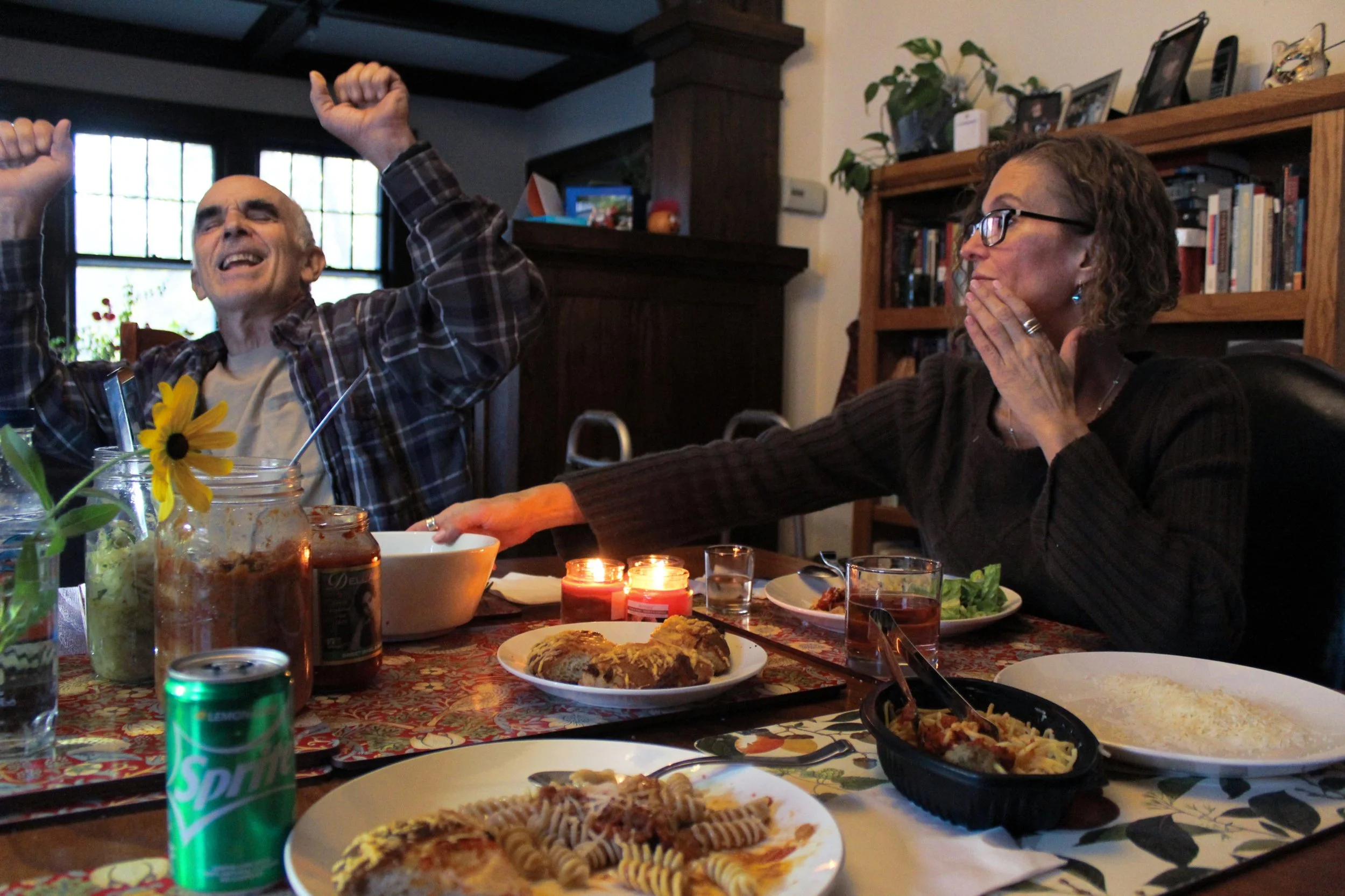 Sarah Oppenheim, "The Joyful Little Things," 2019. "Even after a long day of work, a frustrating day of school, or a painful knee replacement, we manage to have a family dinner every night. This day had been the most painful so far for my dad’s knee,
