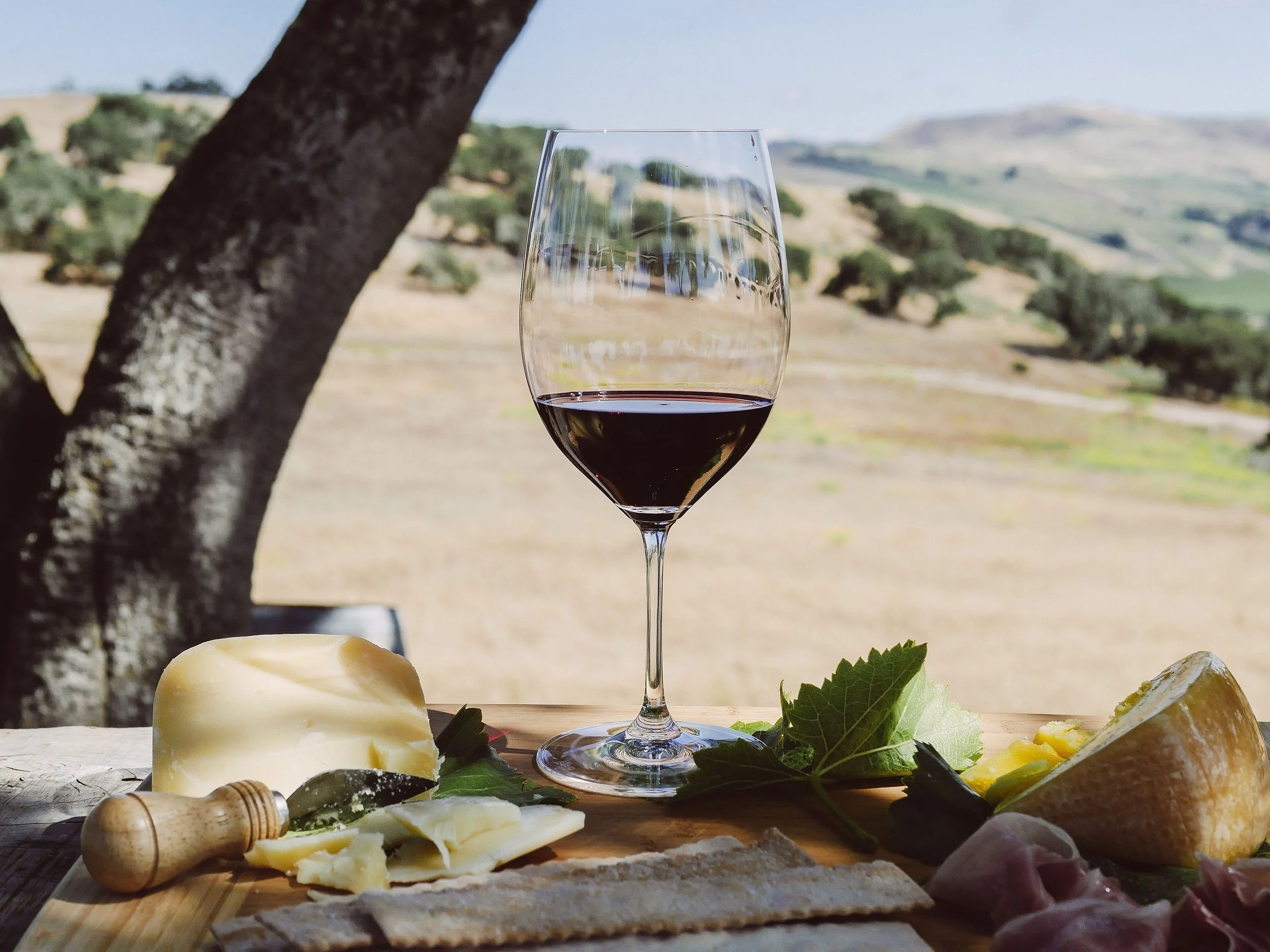 A wine glass filled with red wine on a wooden table, with cheese, a knife, green leaves, and an ice cream cone on a rustic outdoor setting with trees and hills in the background.