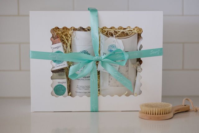 Serene Retreat Wellness Box fully packaged with ribbon, showcasing gift-ready natural self-care set