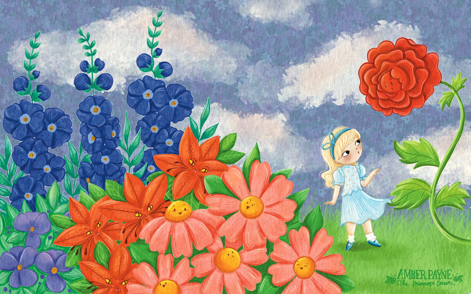 Alice in Wonderland Garden of Talking Flowers Two Page Spread by Amber Payne of The Prirmose Corner. Children's Picture Book Illustration