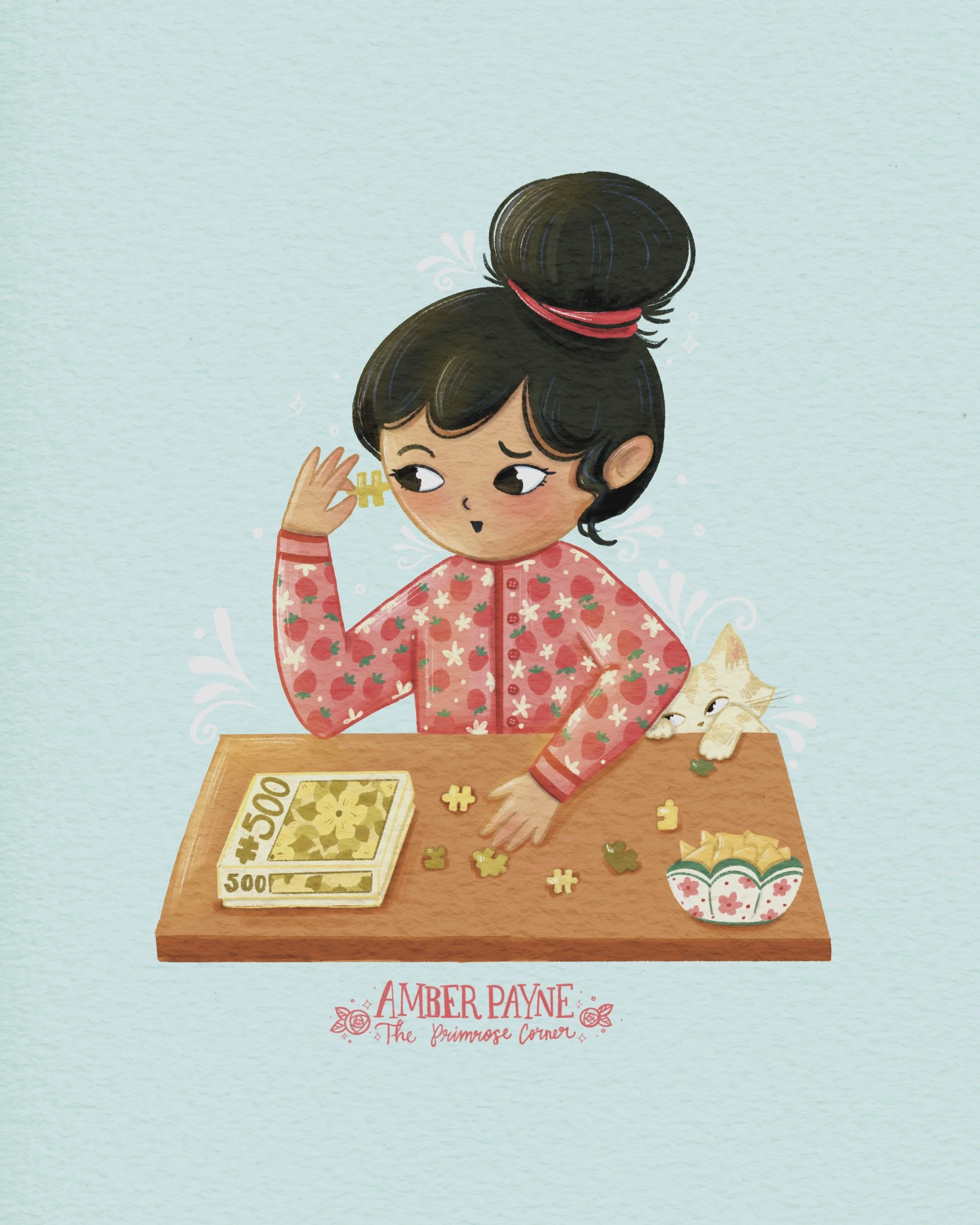 Puzzle girl character illustration for picture books by Amber Payne of the primrose corner