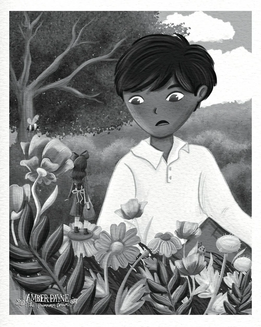 Tiny World. Middle Grade Illustration. Black and White. By Amber Payne of The Primrose Corner. Inspired by Studio Ghibli.